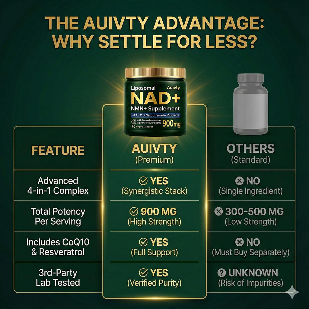 Auivty Liposomal NAD+ NMN Supplement with COQ10, Nicotinamide Riboside, Trans-Resveratrol, 900mg, 90 Veggie Capsules Auivty Au supplements