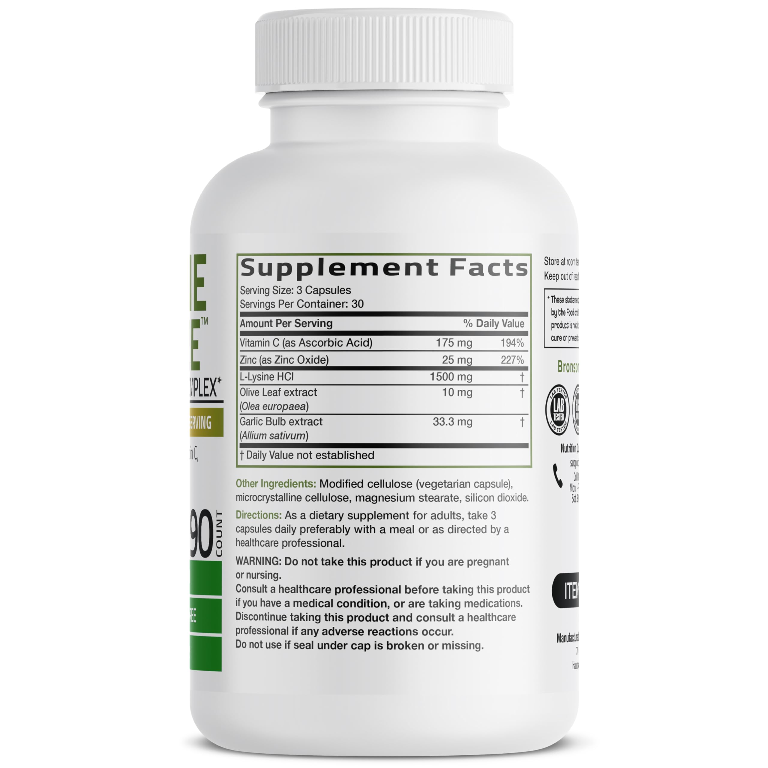 Bronson L-Lysine Defense Immune Support Complex 1500 MG L-Lysine Plus Olive Leaf, Garlic, Vitamin C and Zinc