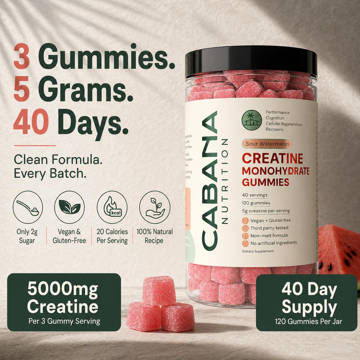 Creatine Monohydrate Gummies 5g - Only 2g Sugar, Made in USA - Sour Watermelon Flavor - Vegan & 3rd Party Tested - Pre & Post Workout Supplement for Women and Men (120 Count, 40 Servings)
