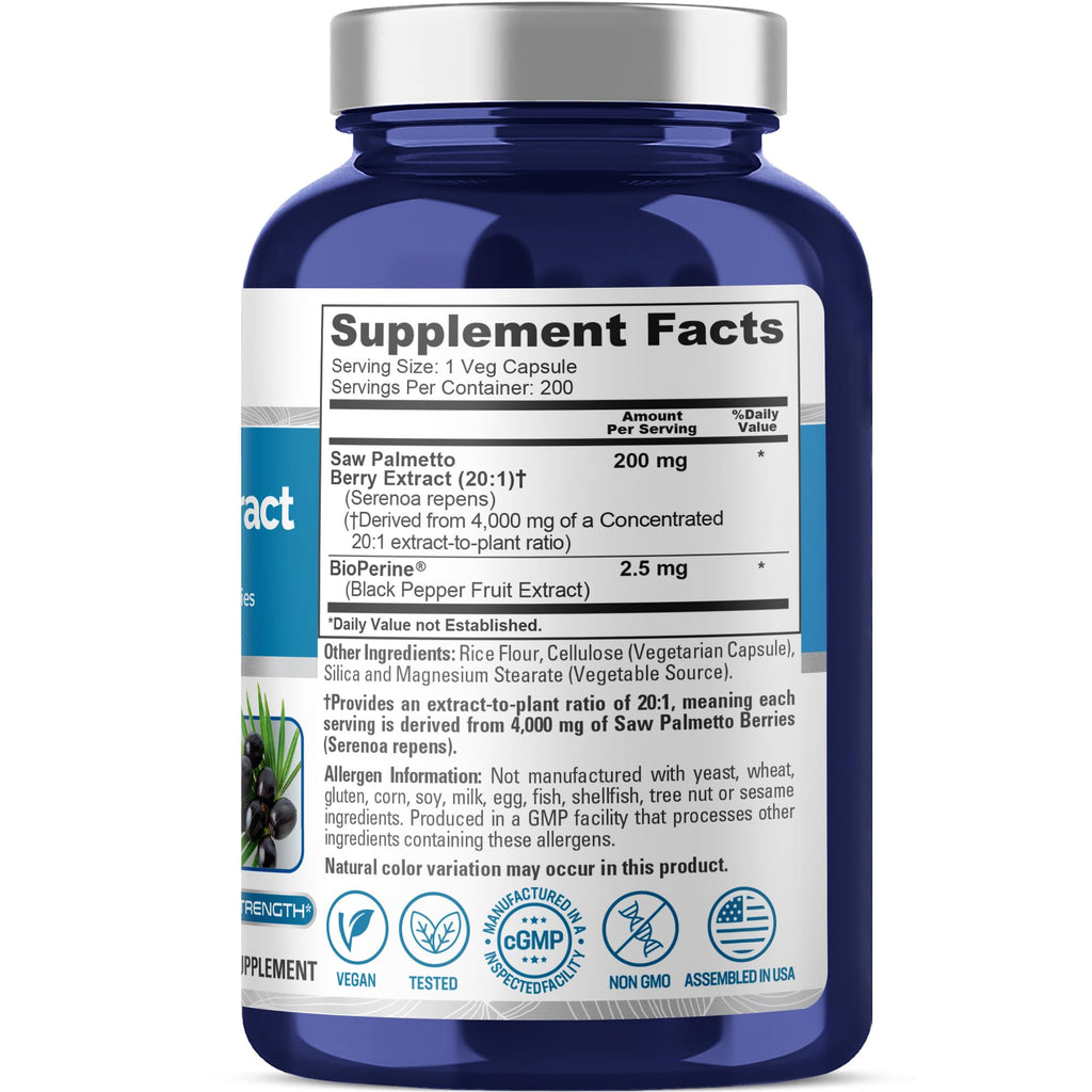 NusaPure Saw Palmetto 20:1 Extract, 200 mg Equivalent to 4,000 mg per Veggie Caps 200 Count Non-GMO, Vegan, Vegetarian, Bioperine NusaPure Au supplements