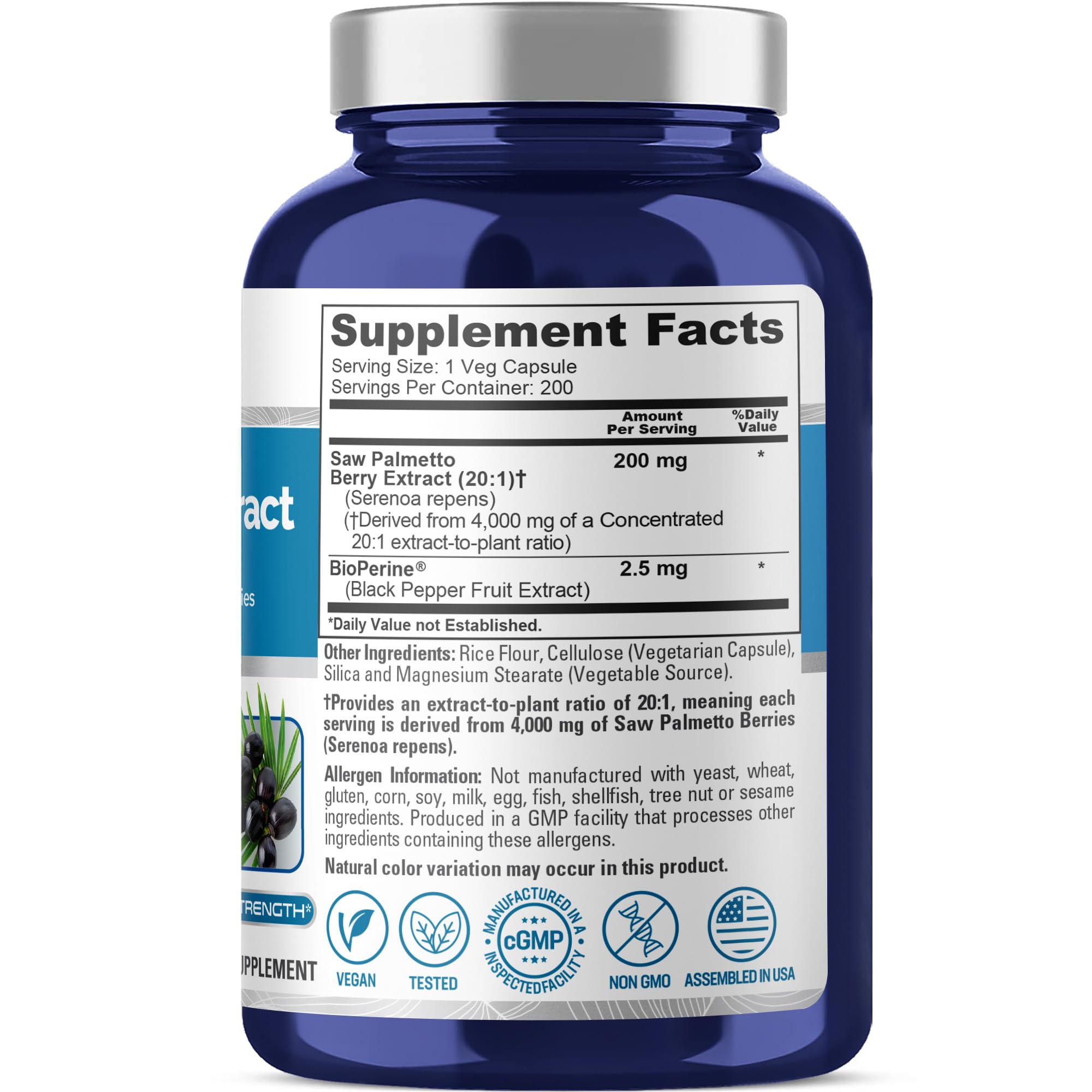 NusaPure Saw Palmetto 20:1 Extract, 200 mg Equivalent to 4,000 mg per Veggie Caps 200 Count Non-GMO, Vegan, Vegetarian, Bioperine NusaPure Au supplements