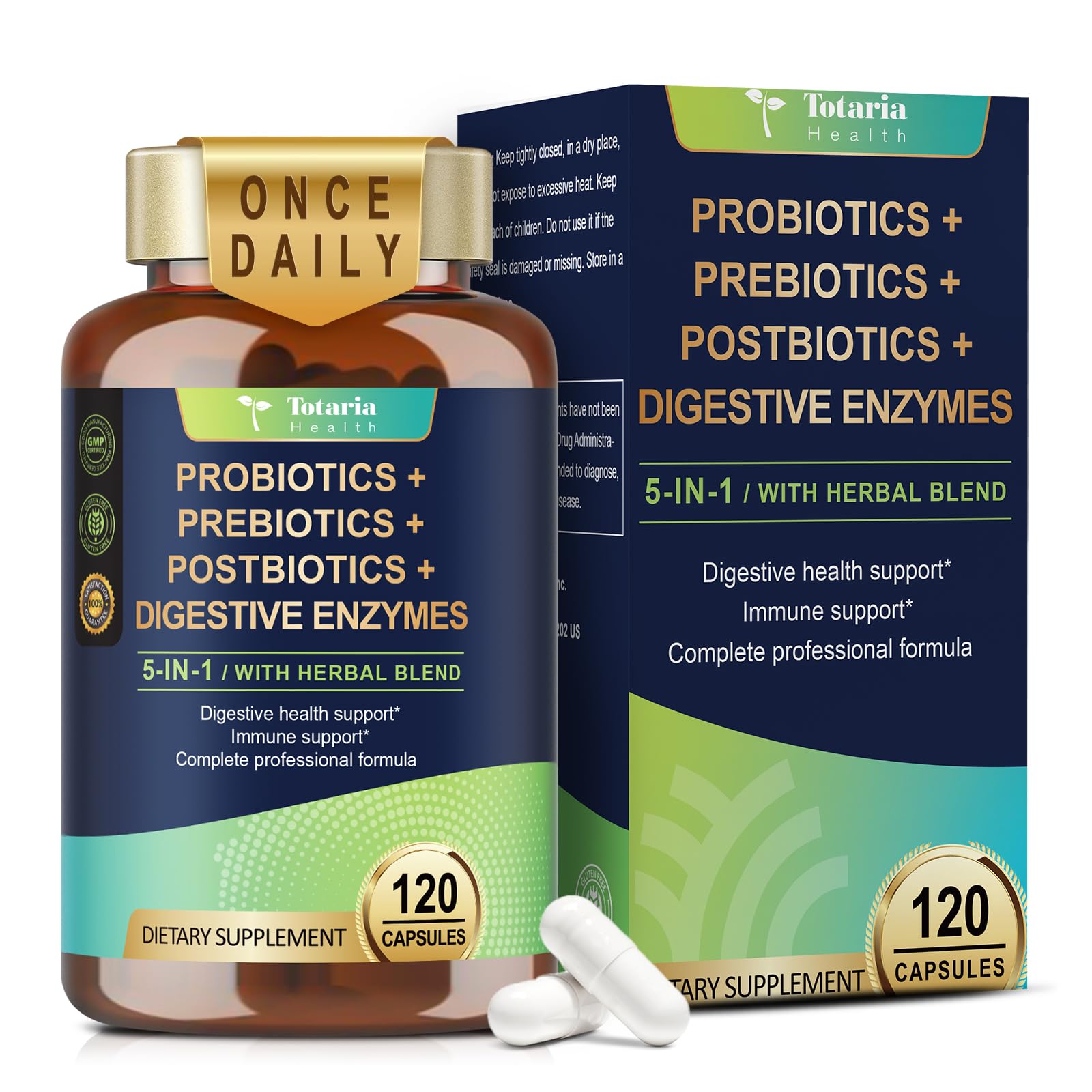 Totaria 5-in-1 60 Billion CFU Probiotic Prebiotic & Postbiotic for Women & Men, w/Digestive Enzymes, Slippery Elm, Daily Complete Gut Health,