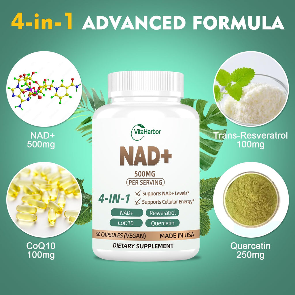 NAD Supplement 500mg, Pure Organic NAD+ Supplement for Women & Men, NAD+ with Trans-Resveratrol & CoQ10 & Quercetin for Cellular Energy & Healthy Aging, NMN Alternative (90 Vegan Caps) VitaHarbor Au supplements