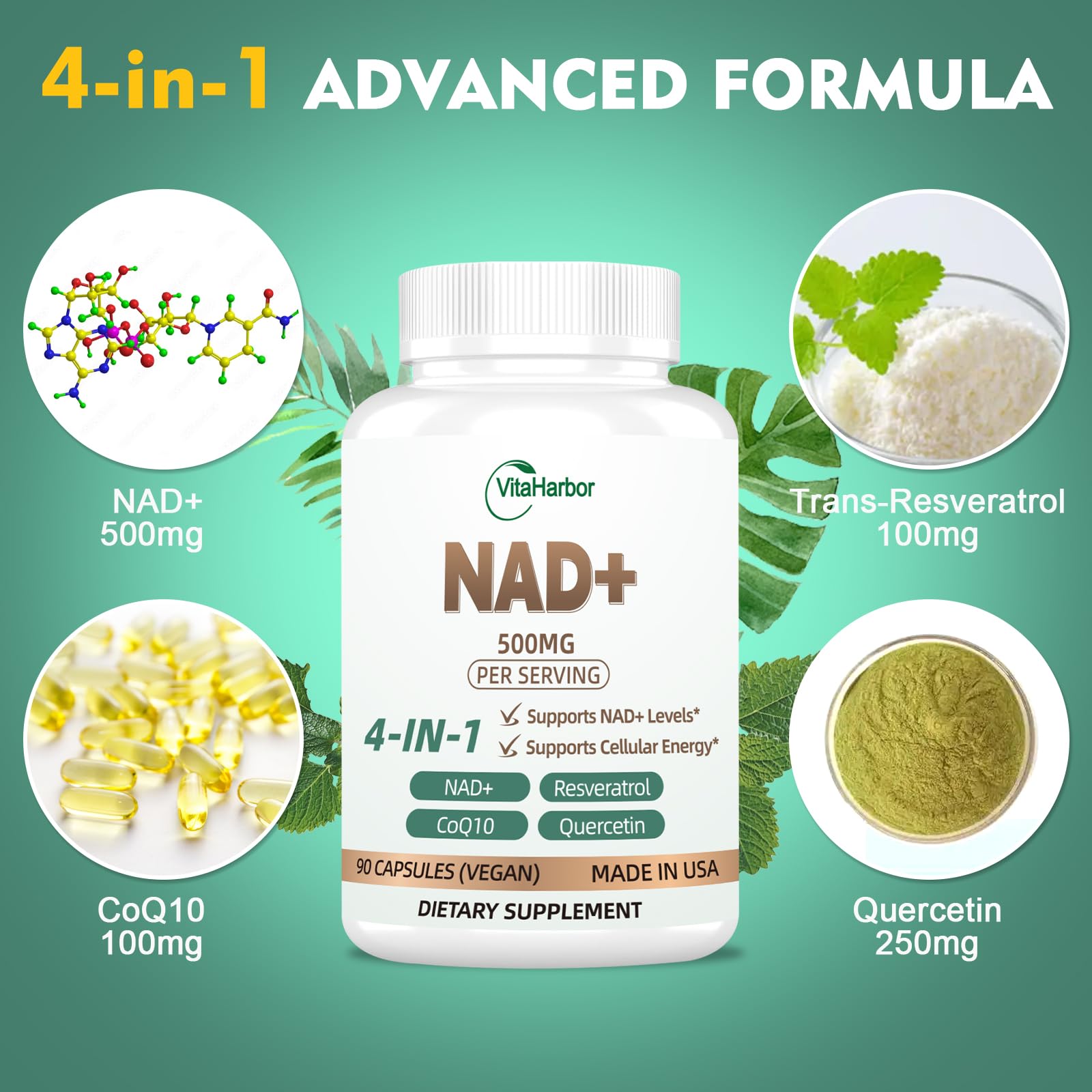 NAD Supplement 500mg, Pure Organic NAD+ Supplement for Women & Men, NAD+ with Trans-Resveratrol & CoQ10 & Quercetin for Cellular Energy & Healthy Aging, NMN Alternative (90 Vegan Caps) VitaHarbor Au supplements