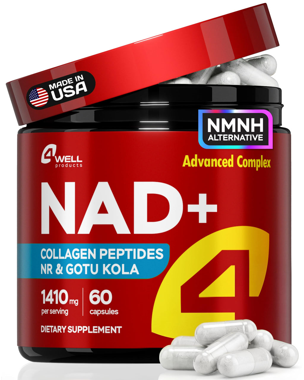 Gotu Kola and NAD Plus Supplement 1400mg - NMNH Supplement Alternative Supports Healthy Aging Complex with Nicotinamide Riboside & Gotu Kola, Collagen - Formula for Energy, Skin & Cognitive, 60 Caps 4Well Products Au supplements
