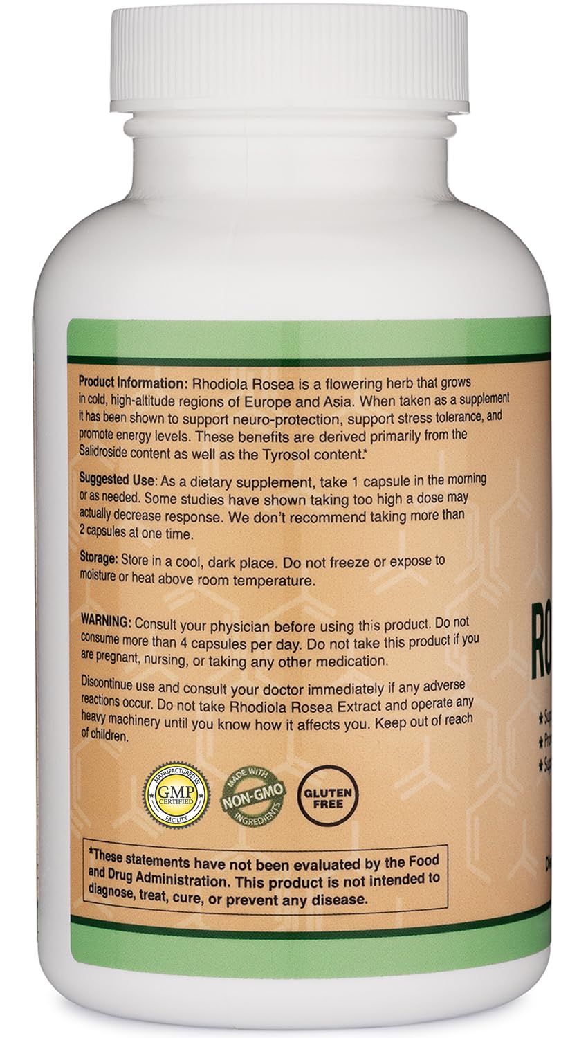 Rhodiola Rosea Supplement 500mg, 120 Vegan Capsules (Third Party Test, Gluten Free, 3% Salidrosides, 1% Rosavins Extract) for Performance,