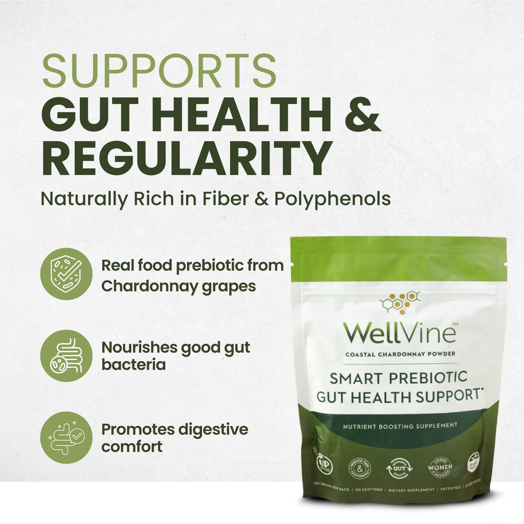 WellVine Premium Smart Prebiotic Gut Health Supplement Powder for Men & Women | Digestive Support & Gut Health With 100% Upcycled Chardonnay Grapes | Plant-Based