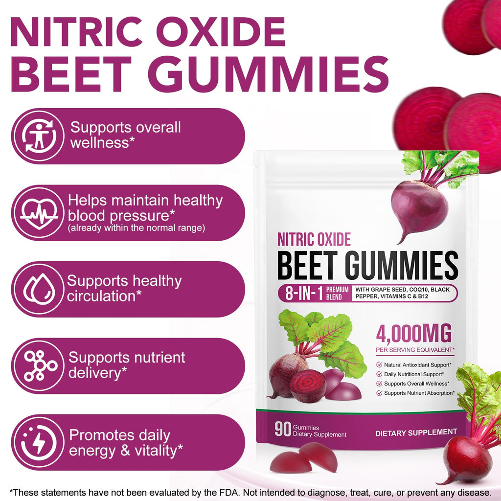 ECHTEYUN Super Beetroot Gummies, 8 in 1 Beet Root 4,000mg with Grape Seed Extract & CoQ10, Sugar Free - 90 Count (1)