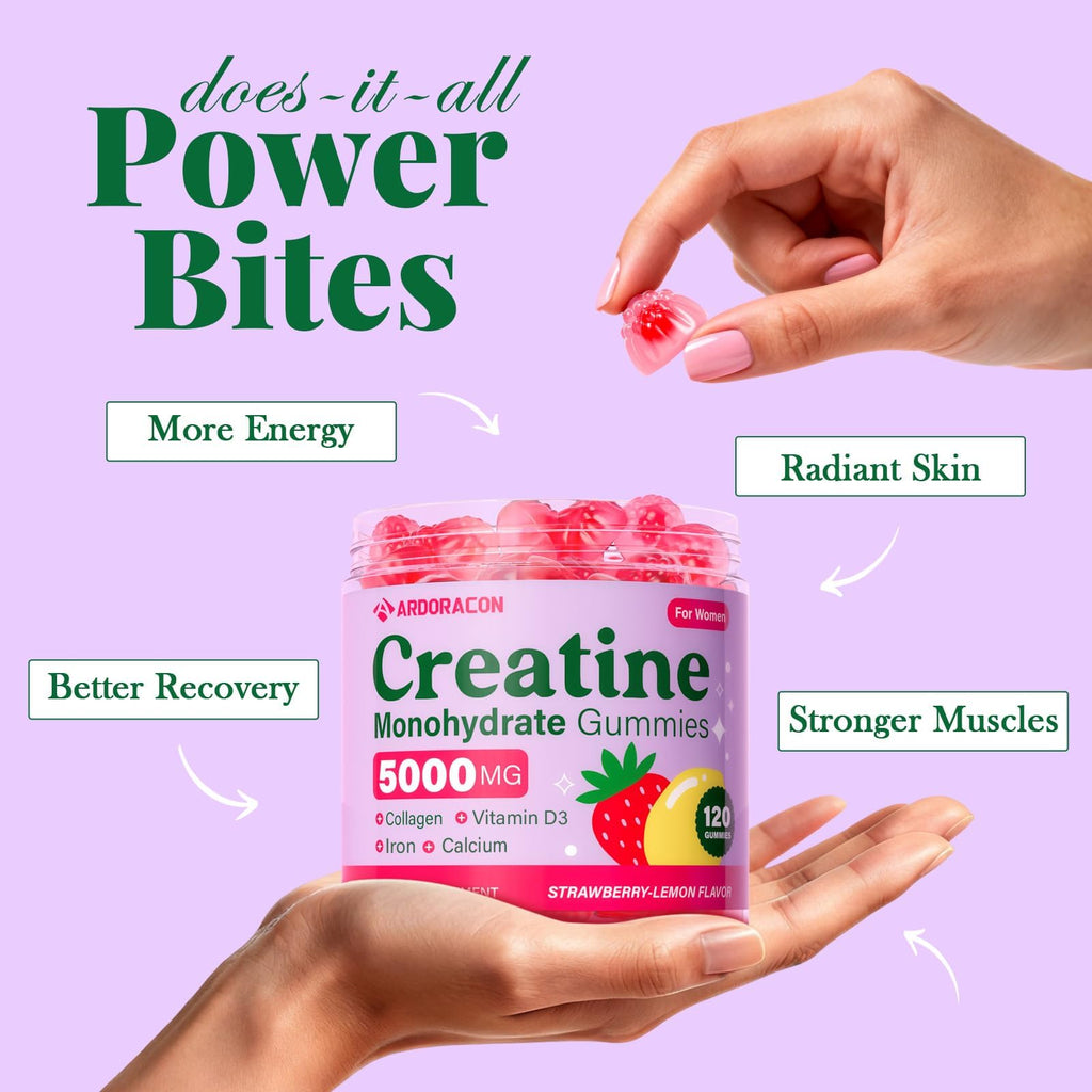 Creatine for Women, Creatine Monohydrate Gummies with Collagen, Vitamin D3 & Calcium for Muscles, Booty & Energy, Flavored Sugar Free Creatine Gummies Post