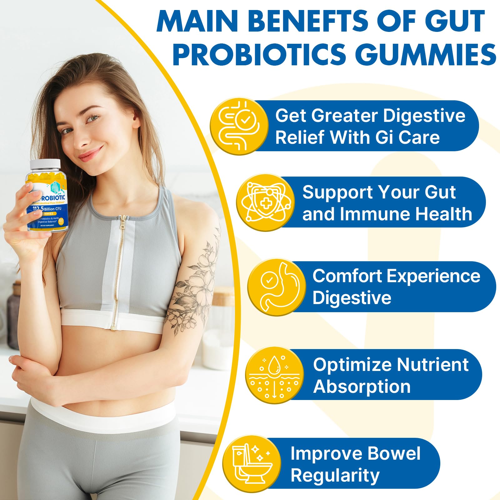 Gut Health & Probiotic Gummies, 112.5 Billion CFU, Sugar Free - 8 Strains + Prebiotics + Herbs - for Digestive, Immune, Diarrhea & Bloating - Gut Health for Women & Men