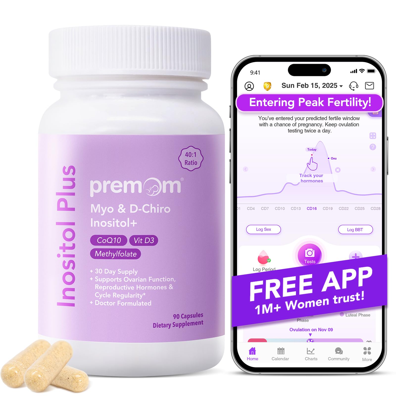 Premom Inositol Plus - 2000mg Myo-Inositol & 50mg D-Chiro Inositol, CoQ10, Folate & Vitamin D3-40:1 Ratio - Supports Hormonal Balance, Ovarian & Reproductive Health - 30 Day Supply Premom Au supplements