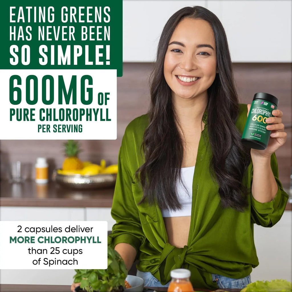 Chlorophyll Capsules 600 mg - Natural Chlorophyll Pills for Women & Men - Highly BioAvailable Alpha Flow Au supplements