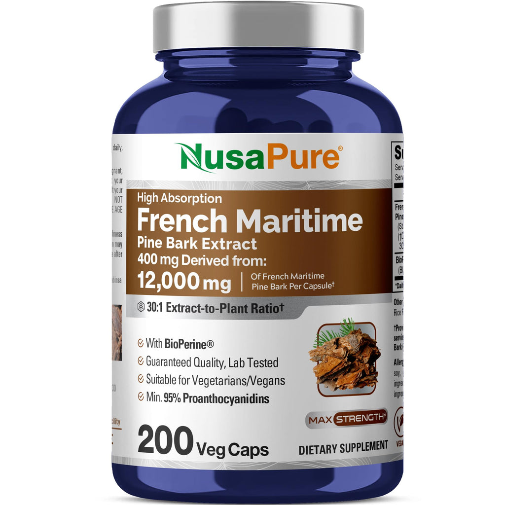 NusaPure French Maritime Pine Bark 30:1 Extract, 400 mg Equivalent to 12,000 mg Per Veggie Caps 200-Day Supply, Bioperine (Non-GMO & Vegan) NusaPure Au supplements