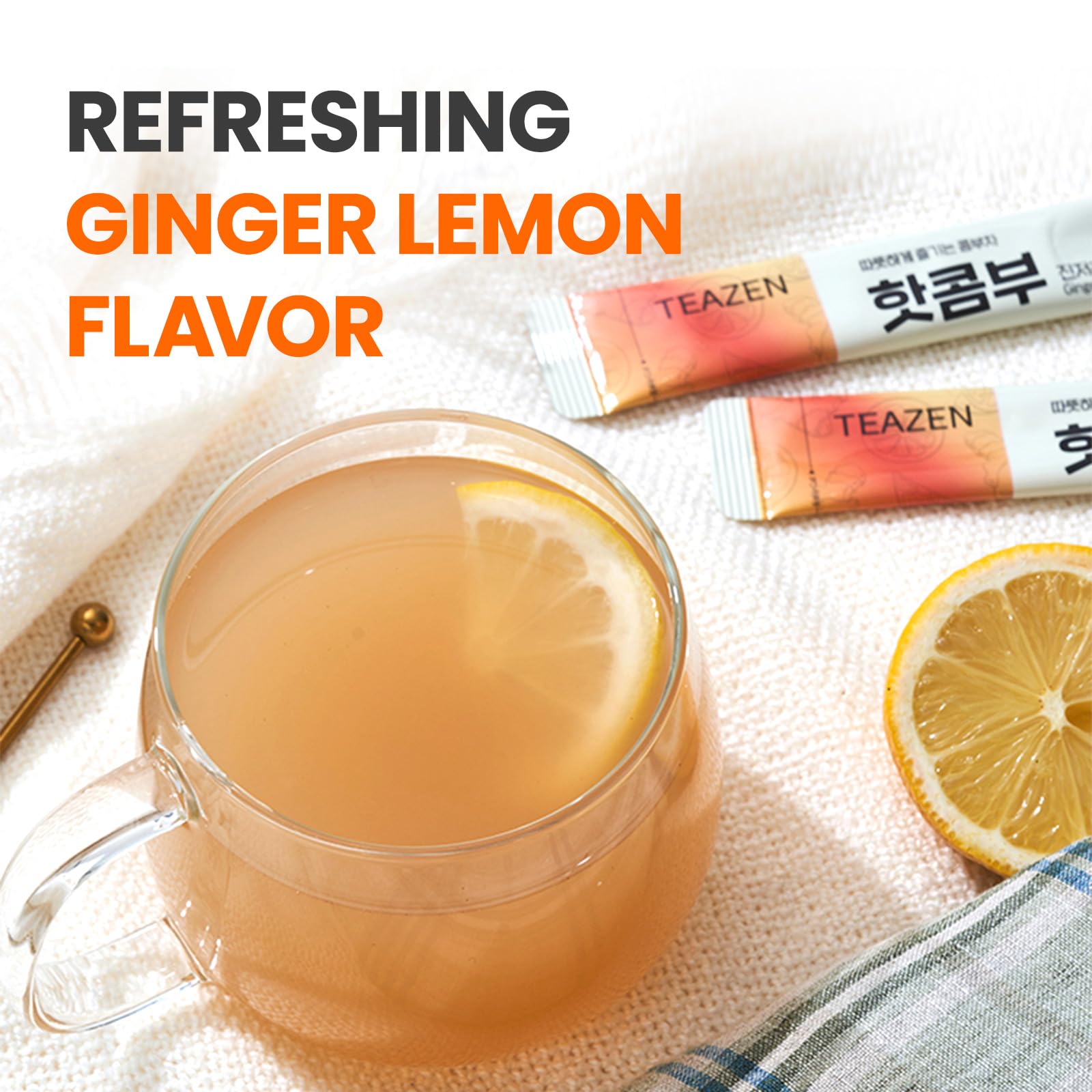 TEAZEN Lemon Ginger Hot Kombucha Tea, Live Probiotics & Postbiotics, Relaxation and Warmth for Colds and Sore Throat, Hydration Drink Mix, Sugar Free, 30 Sticks, 5.29oz TEAZEN Au supplements