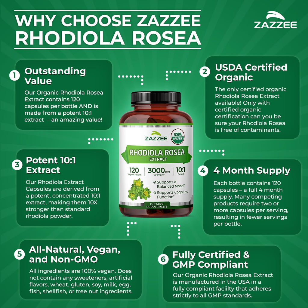 Zazzee USDA Organic Rhodiola 10:1 Extract, 120 Capsules, 4 Month Supply, Rhodiola Rosea, Energy, Stress & Mental Focus Support, Concentrated 10X Extract