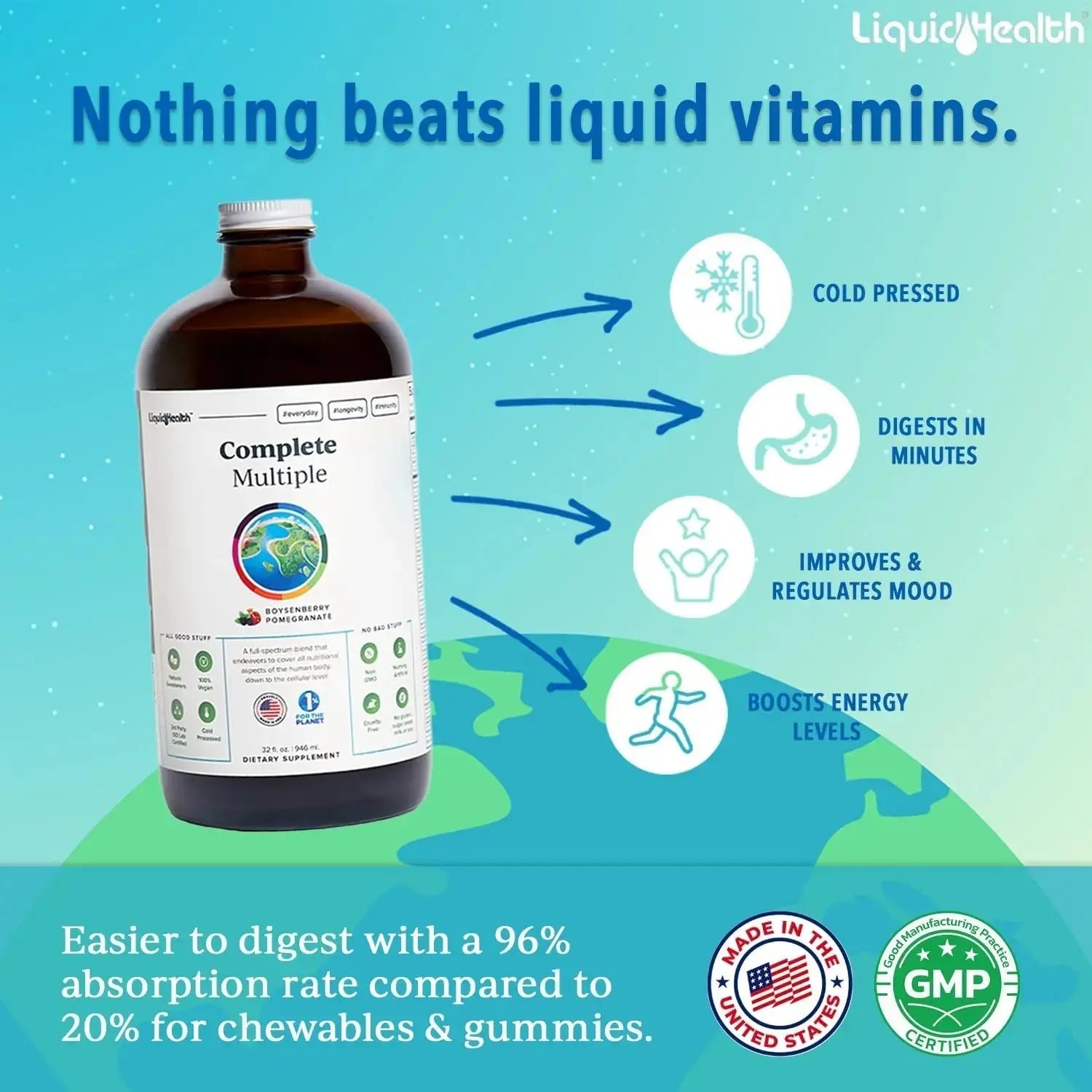 LIQUIDHEALTH Complete Multiple Adult Liquid Multivitamin - Essential Vitamins, Minerals & Nutrients, Immune Support, Gut Health, Energy, Detox LIQUIDHEALTH Au supplements