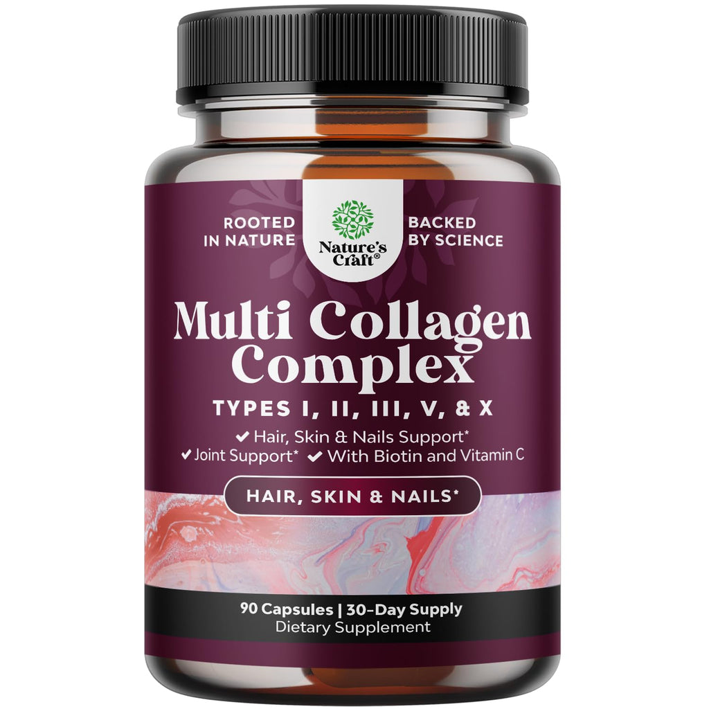 Advanced Multi Collagen Complex - Ageless Multi Collagen Peptides Supplements with Type 1 2 3 5 & X & Biotin for Hair, Skin and Nails Vitamins - Biotin Supplements for Women & Men - 90 Count Natures Craft Au supplements