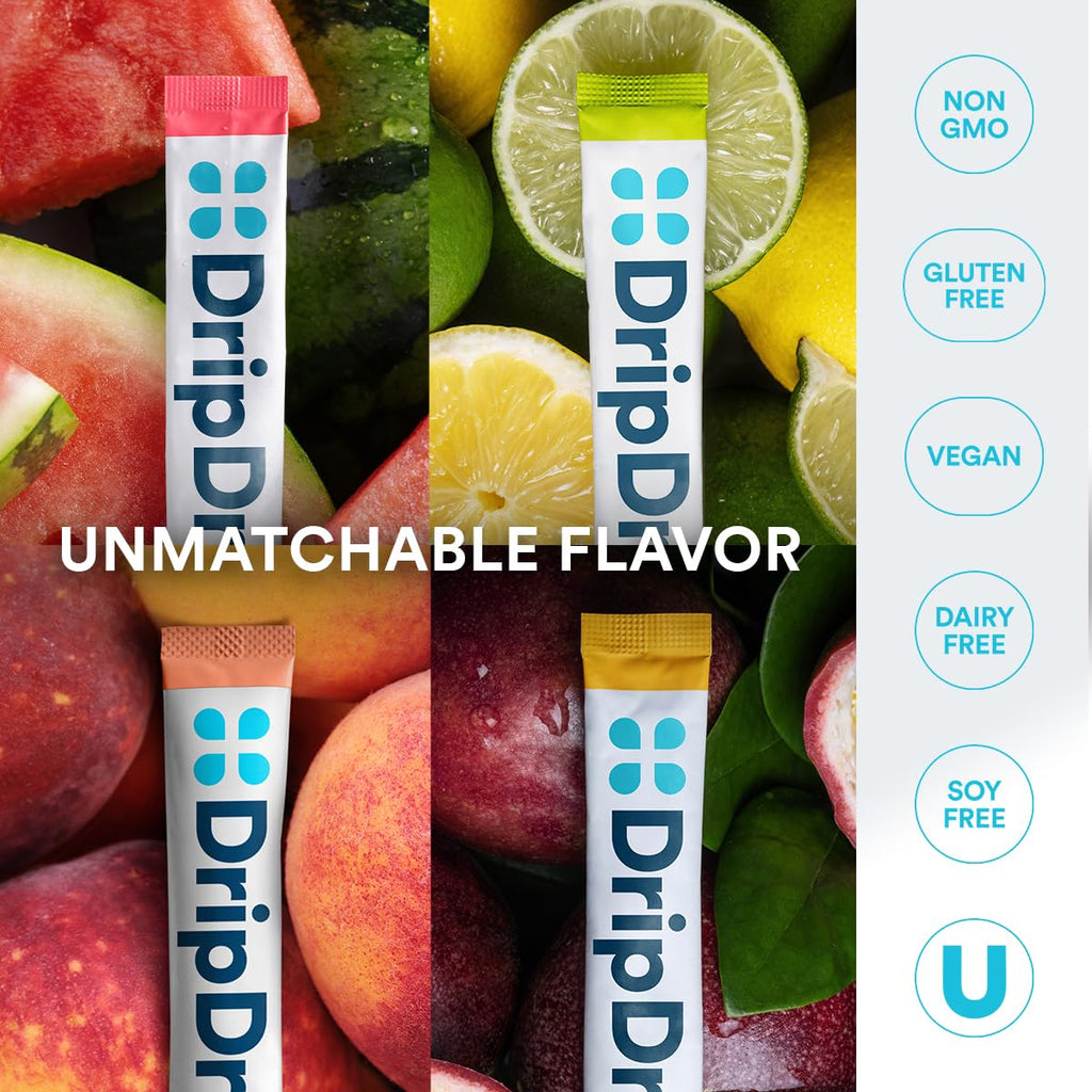 DripDrop Sugar Free Hydration Packets - Zero Classic Variety Pack - Single Serve Electrolytes Powder Drink Mix - Lemon Lime, Watermelon, Peach, Passion Fruit