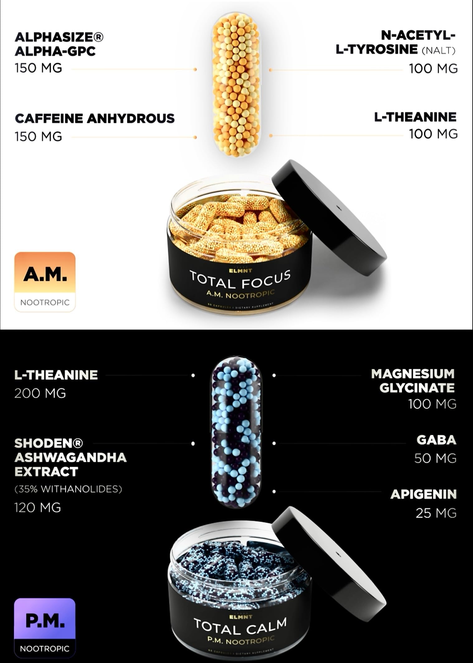 AMPM Nootropic Total Focus + Calm 9X Strength w. Caffeine, L-Theanine, Alpha GPC, L-Tyrosine, Ashwagandha - X-Release Energy Pills Nootropics Brain Support Supplements for Memory and Focus Supplement TERRA ELMNT Au supplements
