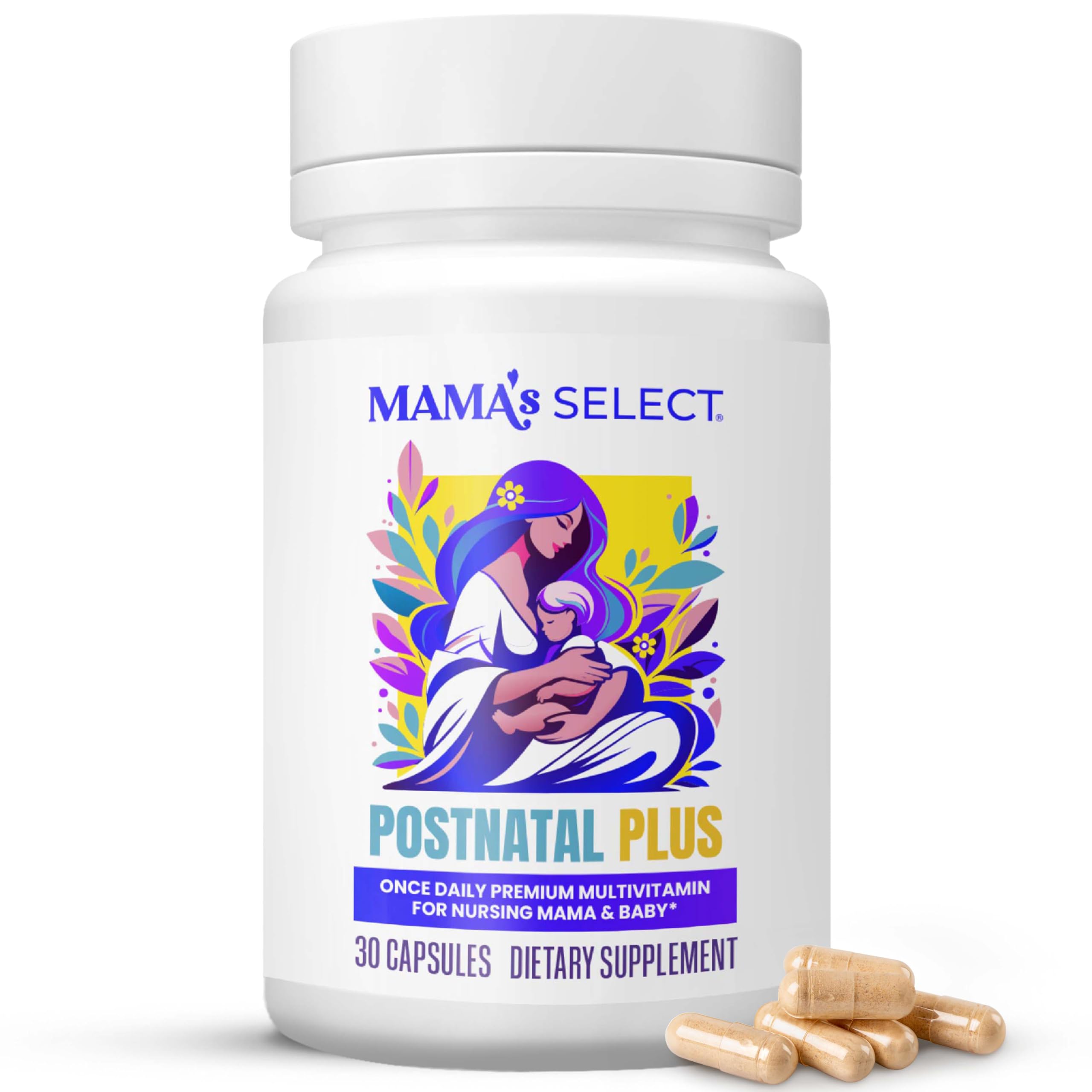 Mama's Select Postnatal Vitamins – Boosts Hair Recovery, Milk Supply, & Wellness – Allergen-Free, Vegan, MTHFR Friendly, Methylated Folate & B Vitamins,