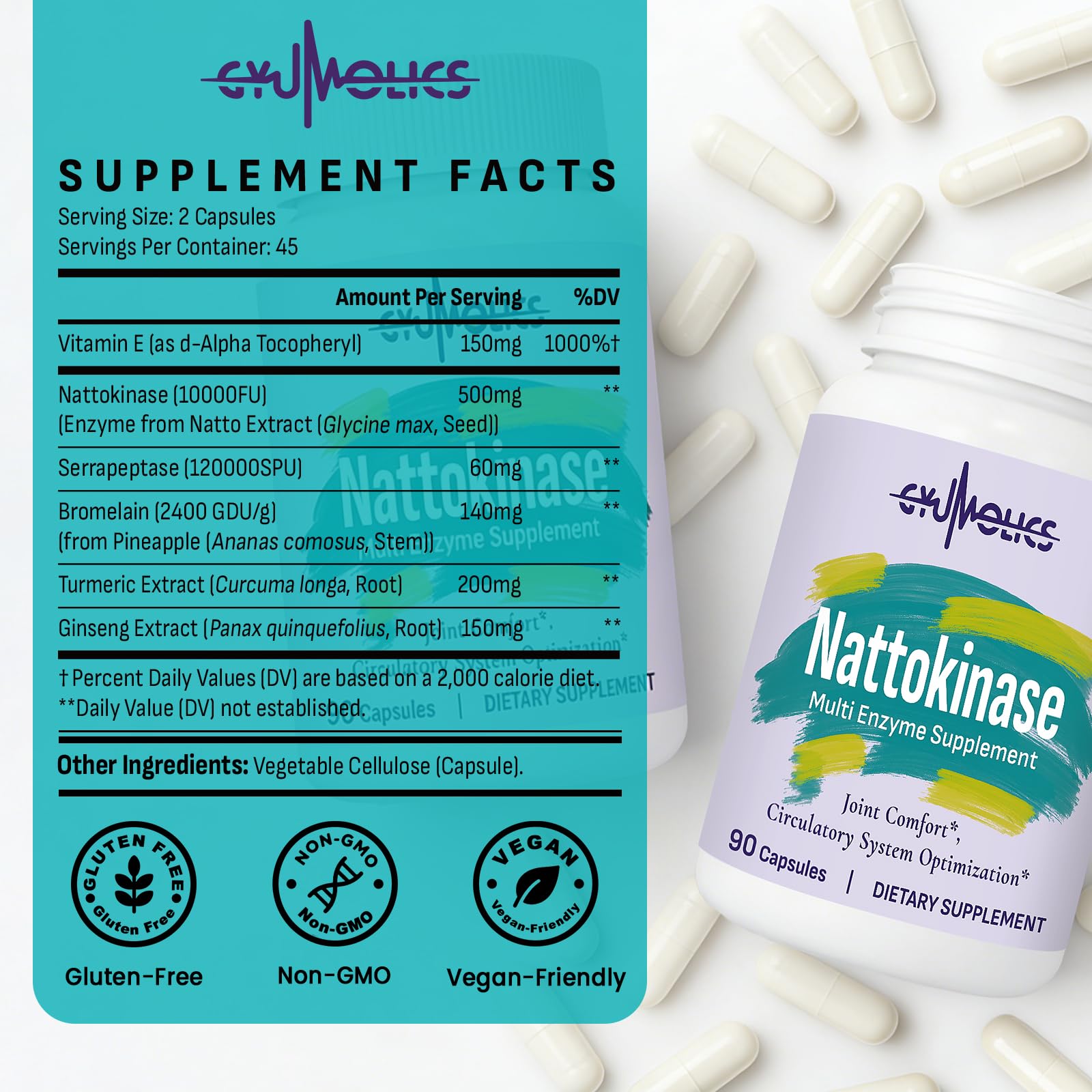 Gyumolics Nattokinase Supplement 10000FU with Organic Nattokinase, Serrapeptase, Bromelain, Curcumin, Vitamin E & Ginseng,