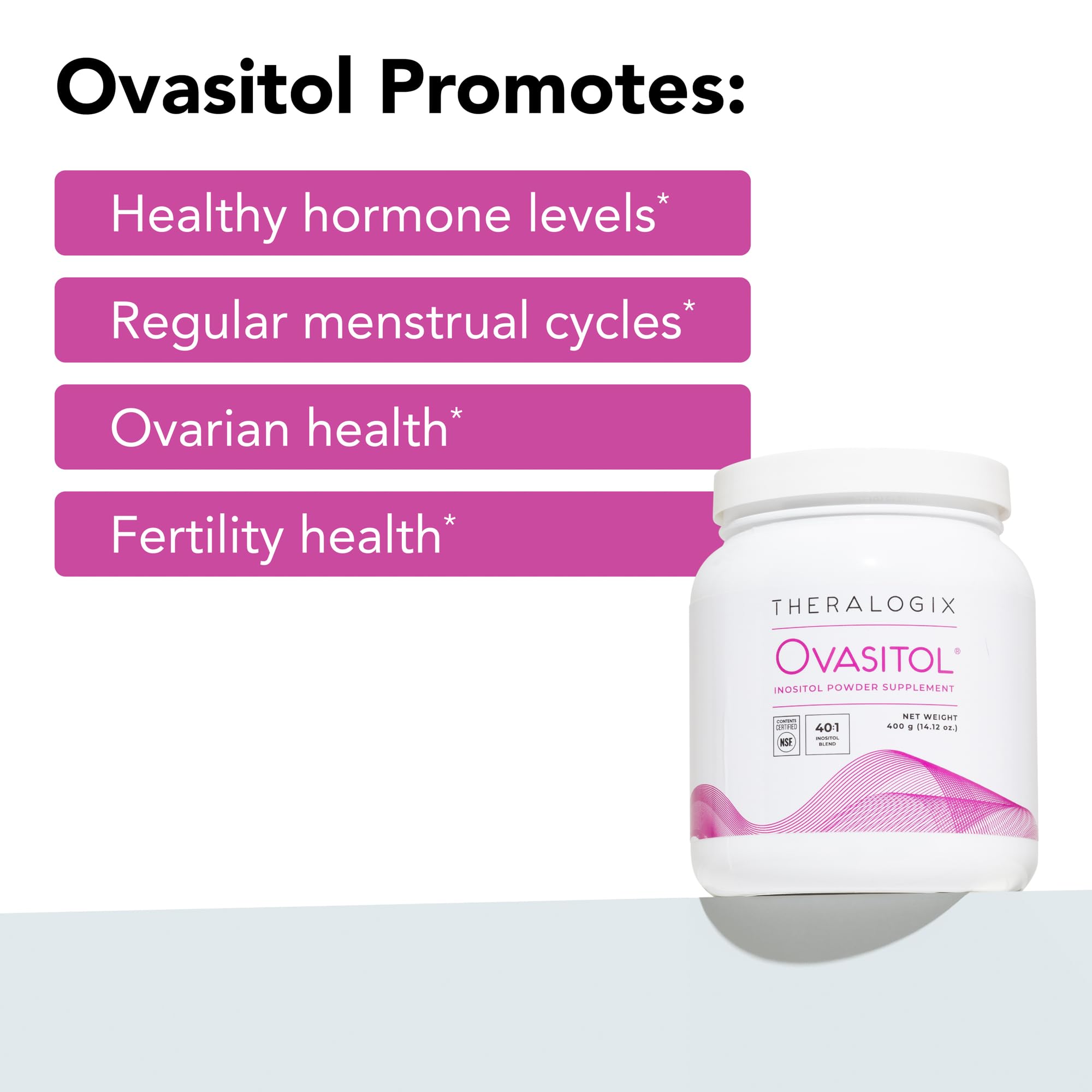 Theralogix Ovasitol Inositol Powder - 90-Day Supply - Myo-Inositol & D-Chiro Inositol for Hormone Balance & Ovarian Function Support - NSF Certified - 400 g (180 Servings)