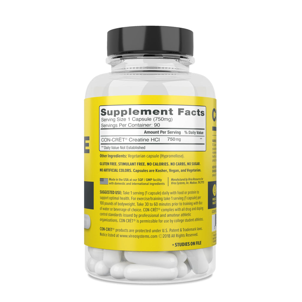 CON-CRET Creatine HCl Capsules | Muscle, Cognitive, Cellular Energy Support | No Bloating or Cramps | USA Made & NSF Certified