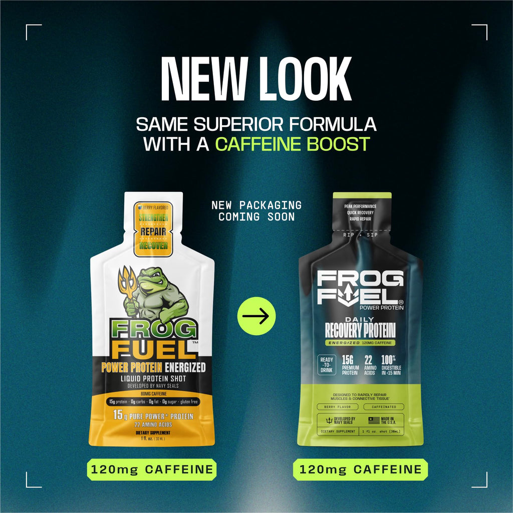 Frog Fuel Power Energized Complete Protein Shot, 15g, Nano Hydrolyzed & Grass Fed, 80mg Caffeine, Gluten Free, Fat & Sugar Free, 22 Amino Acids,