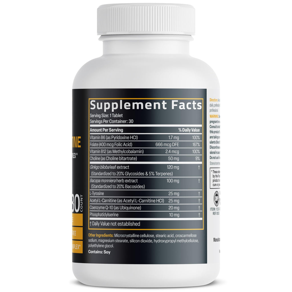 Bronson Ginkgo, Bacopa & Acetyl L-Carnitine Brain & Memory Support Complex with L-Tyrosine, Choline, CoQ10 & Phosphatidylserine Plus Key B Vitamins Non-GMO, 30 Tablets Bronson Au supplements