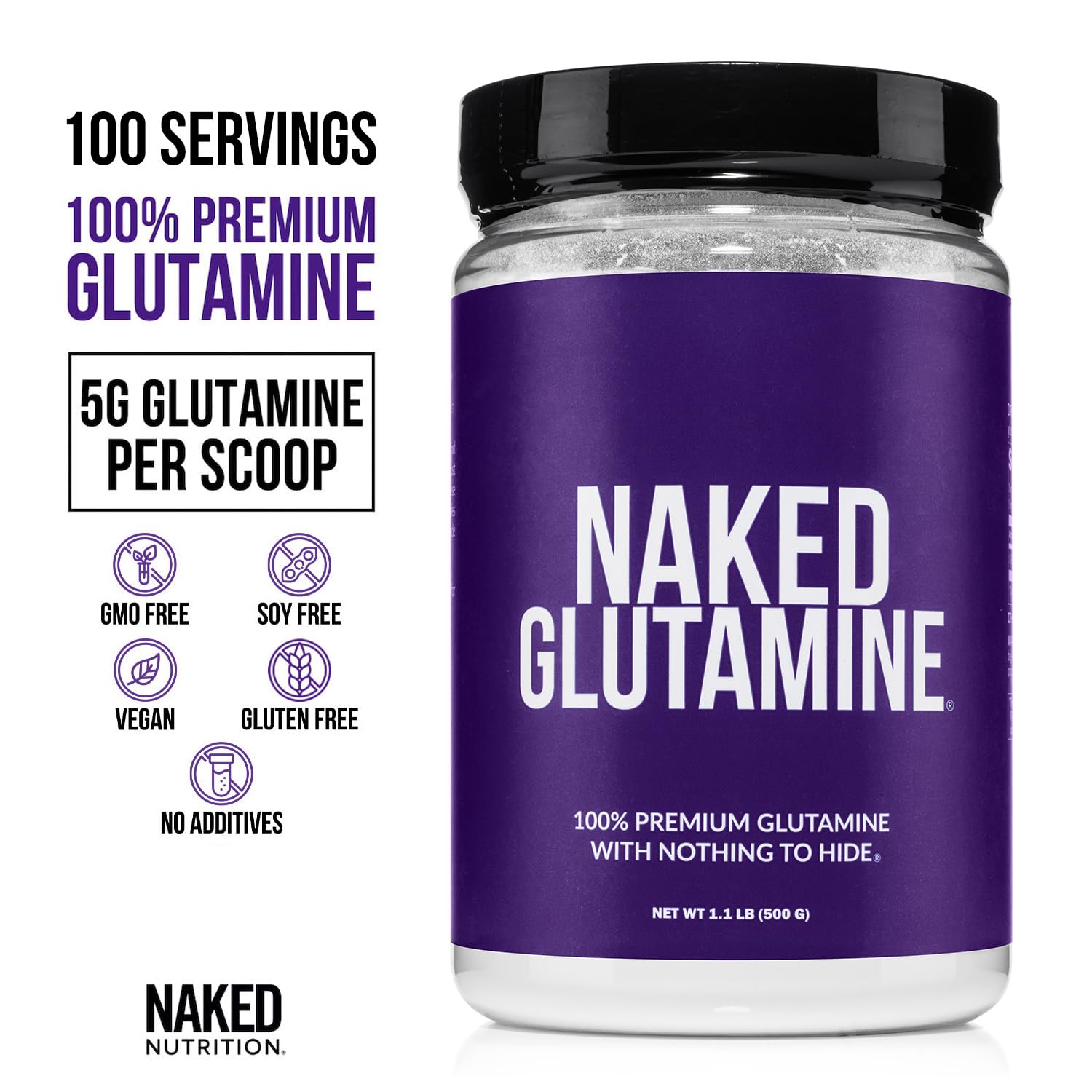 Pure L-Glutamine Made in The USA - 100 Servings - 500g, 1.1lb Bulk, Vegan, Non-GMO, Gluten and Soy Free. Minimize Muscle Breakdown & Improve Protein Synthesis. No Additives