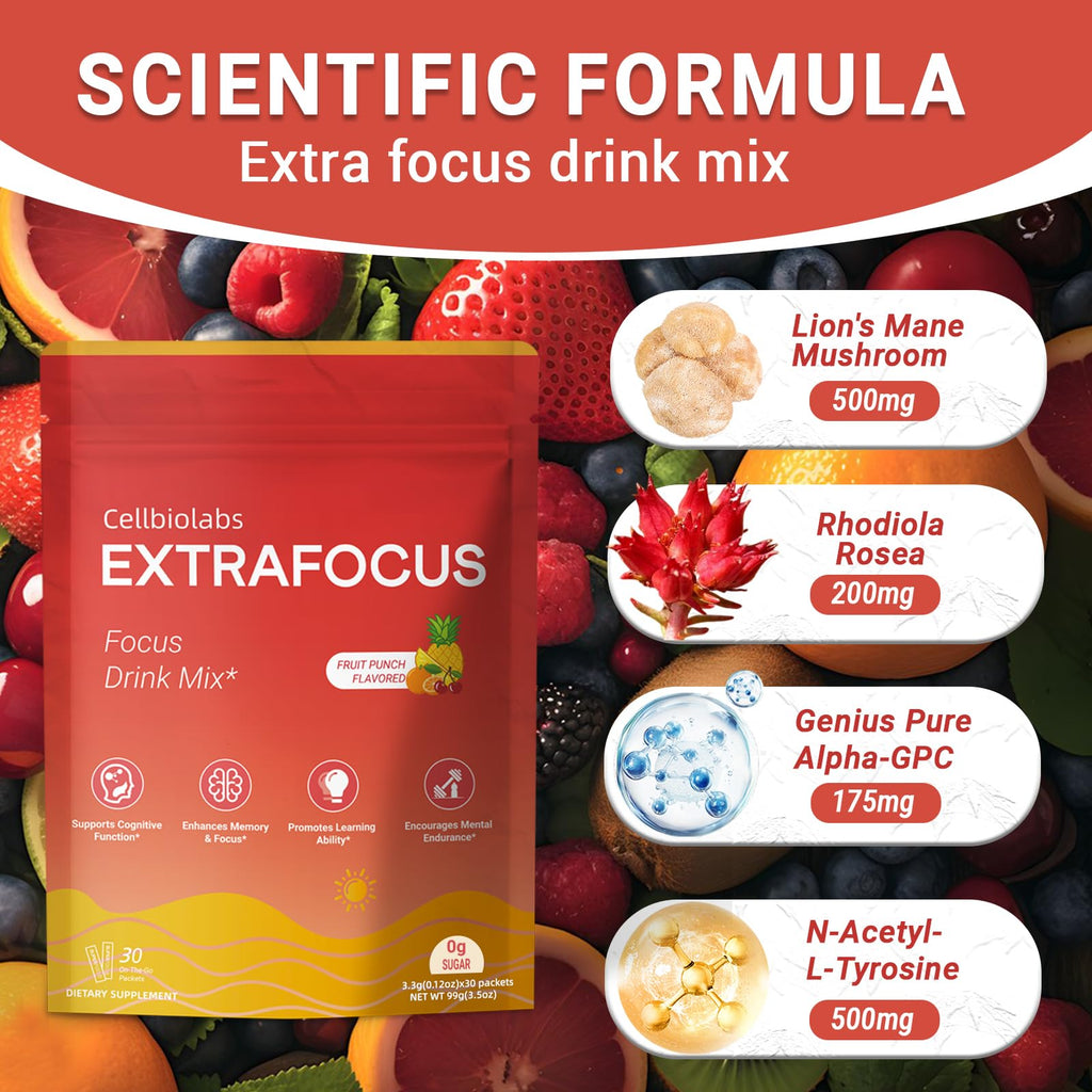 Nootropic Extra Focus Drink Mix, 30 Packs On-The-Go Sticks, Featuring Alpha-GPC, Lion's Mane & Rhodiola, Sugar-Free Packets Fruit Punch Clean Drink Mix Cellbiolabs Au supplements
