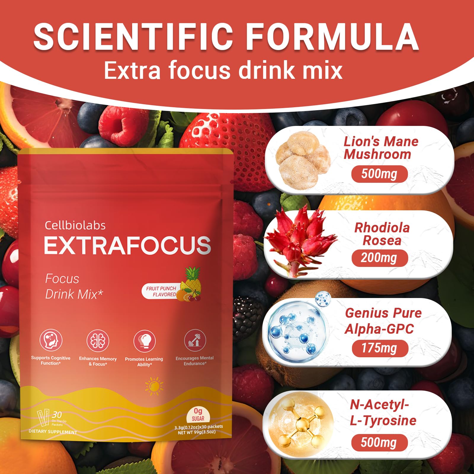Nootropic Extra Focus Drink Mix, 30 Packs On-The-Go Sticks, Featuring Alpha-GPC, Lion's Mane & Rhodiola, Sugar-Free Packets Fruit Punch Clean Drink Mix Cellbiolabs Au supplements