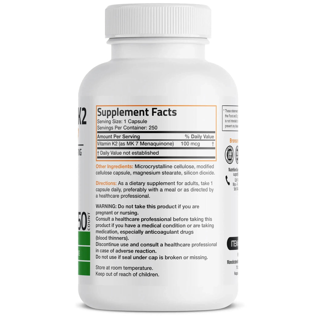 Bronson Vitamin K2 as MK-7 Menaquinone 100 mcg Non-GMO, 250 Capsules Bronson Au supplements