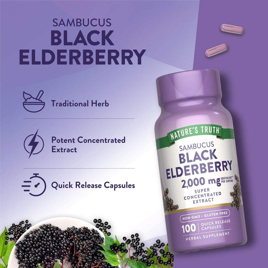 Nature's Truth Black Elderberry Capsules | 100 Count | Super Concentrated Sambucus Extract | Non-GMO and Gluten Free Supplement