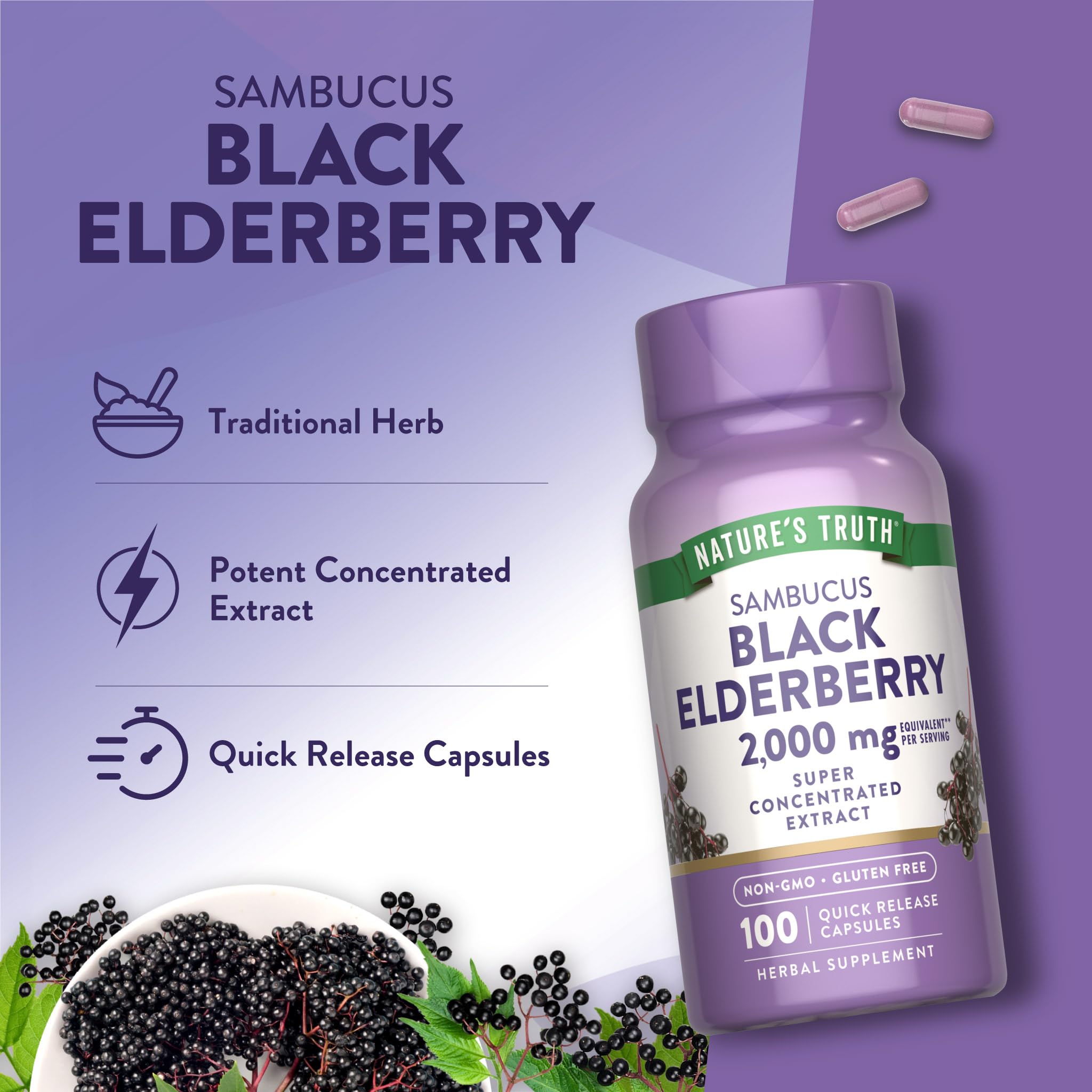 Nature's Truth Black Elderberry Capsules | 100 Count | Super Concentrated Sambucus Extract | Non-GMO and Gluten Free Supplement