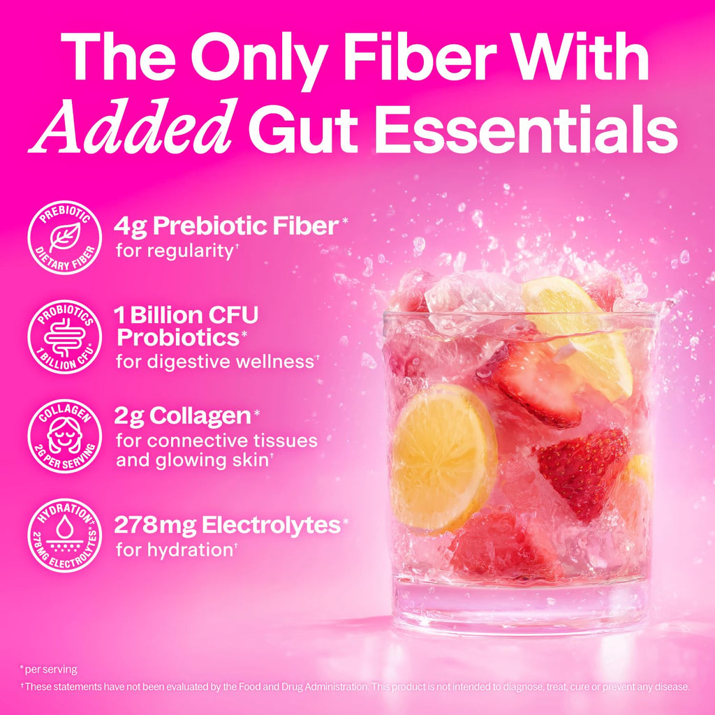 Belli Welli Daily Fiber Supplement Packets with Collagen, Probiotics & Electrolytes | Single Serve Packets for Gut Health