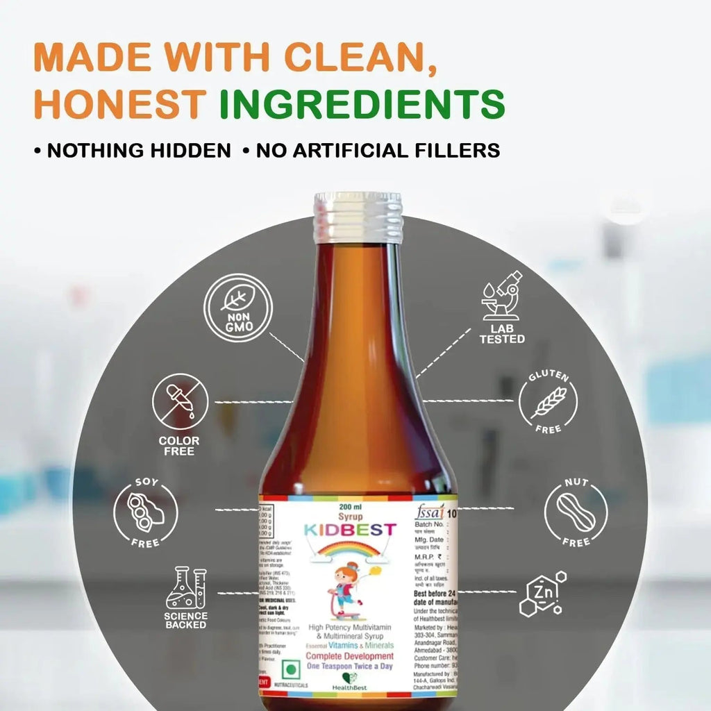 Kidbest Multivitamin Syrup for Kids 3-13 Years – Liquid Formula with 20 Nutrients for Appetite, Immunity, and Growth – Tasty Daily Vitamins HealthBest Au supplements