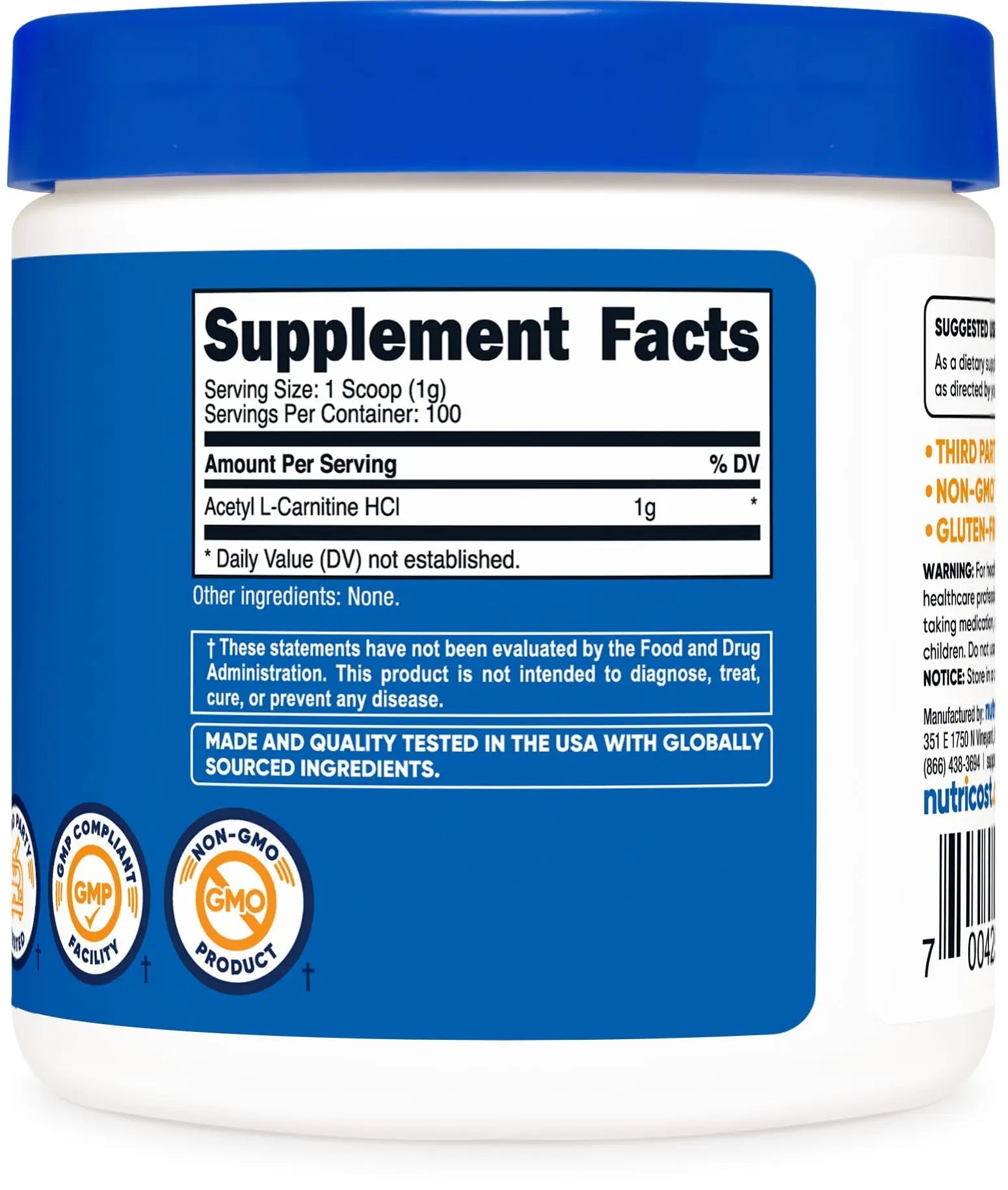 Nutricost Acetyl L-Carnitine (ALCAR) 100 Grams - 1000mg Per Serving - Non-GMO, Gluten Free Nutricost Au supplements