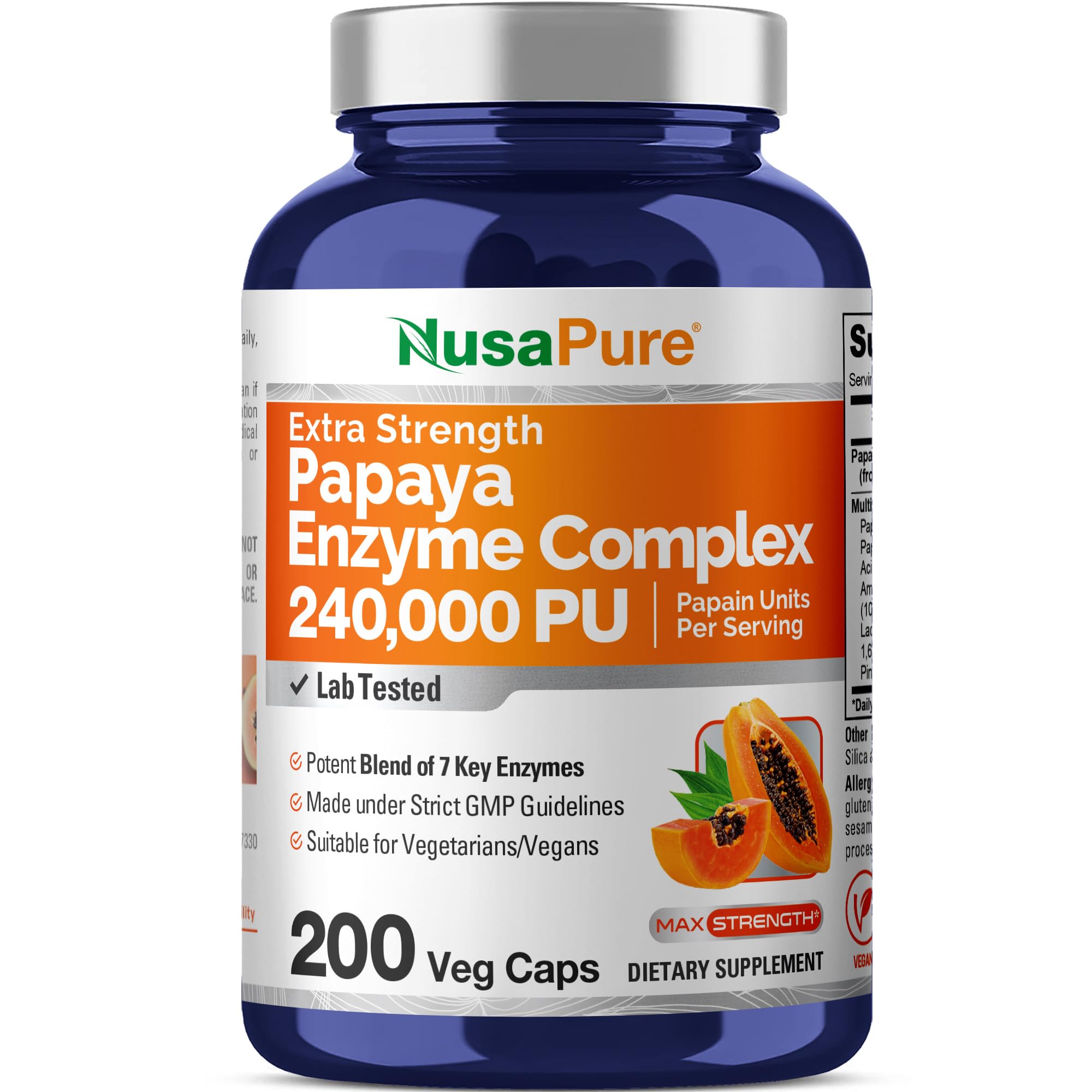NusaPure Papaya Papain Enzyme Complex 240,000 PU - 200 Veggie Caps - Suitable for Vegetarian, Vegan Non-GMO NusaPure Au supplements