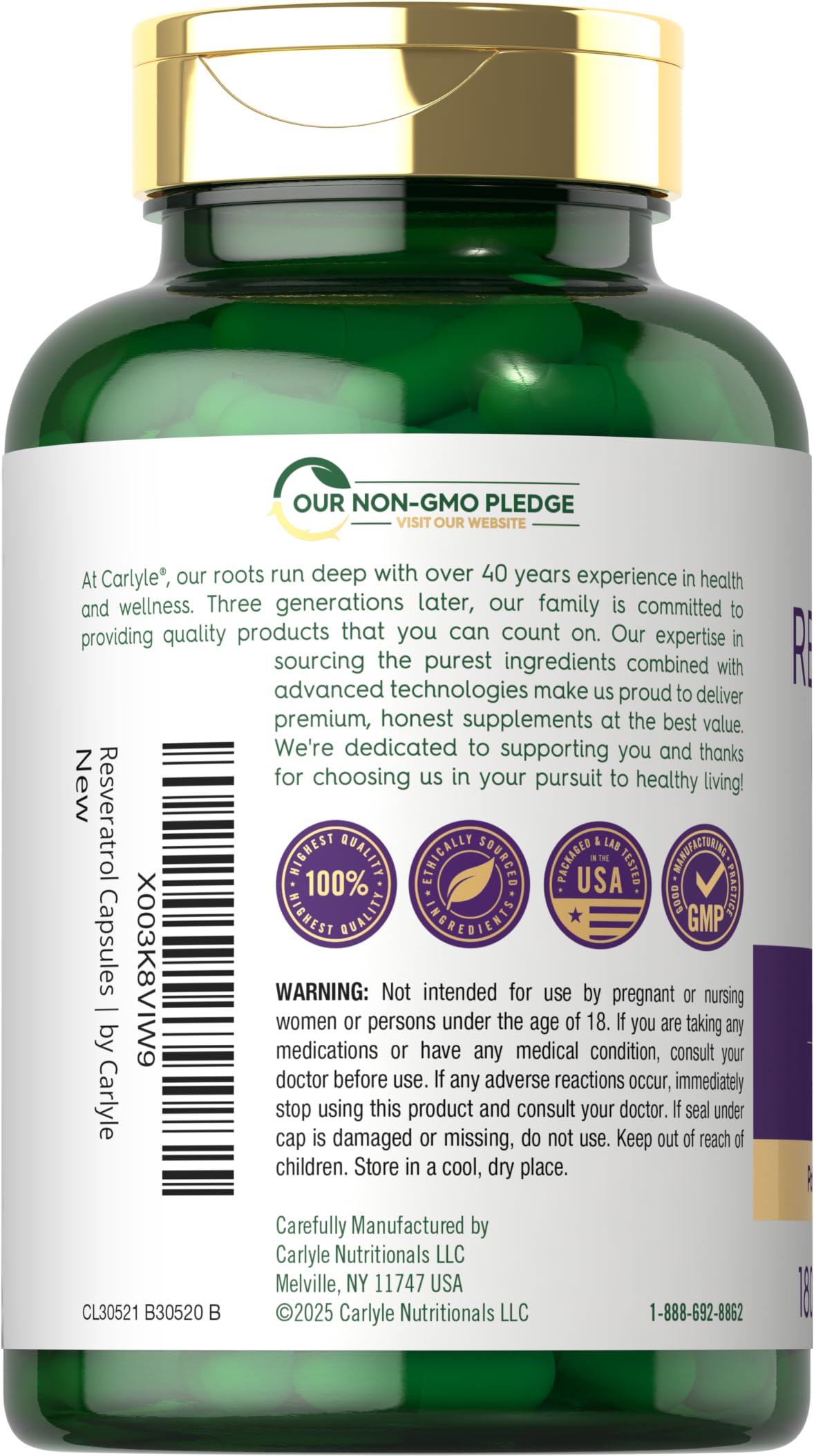 Carlyle Resveratrol Complex - 180 Capsules - Trans Resveratrol Supplement with Grape Seed Extract - Non GMO, Gluten Free