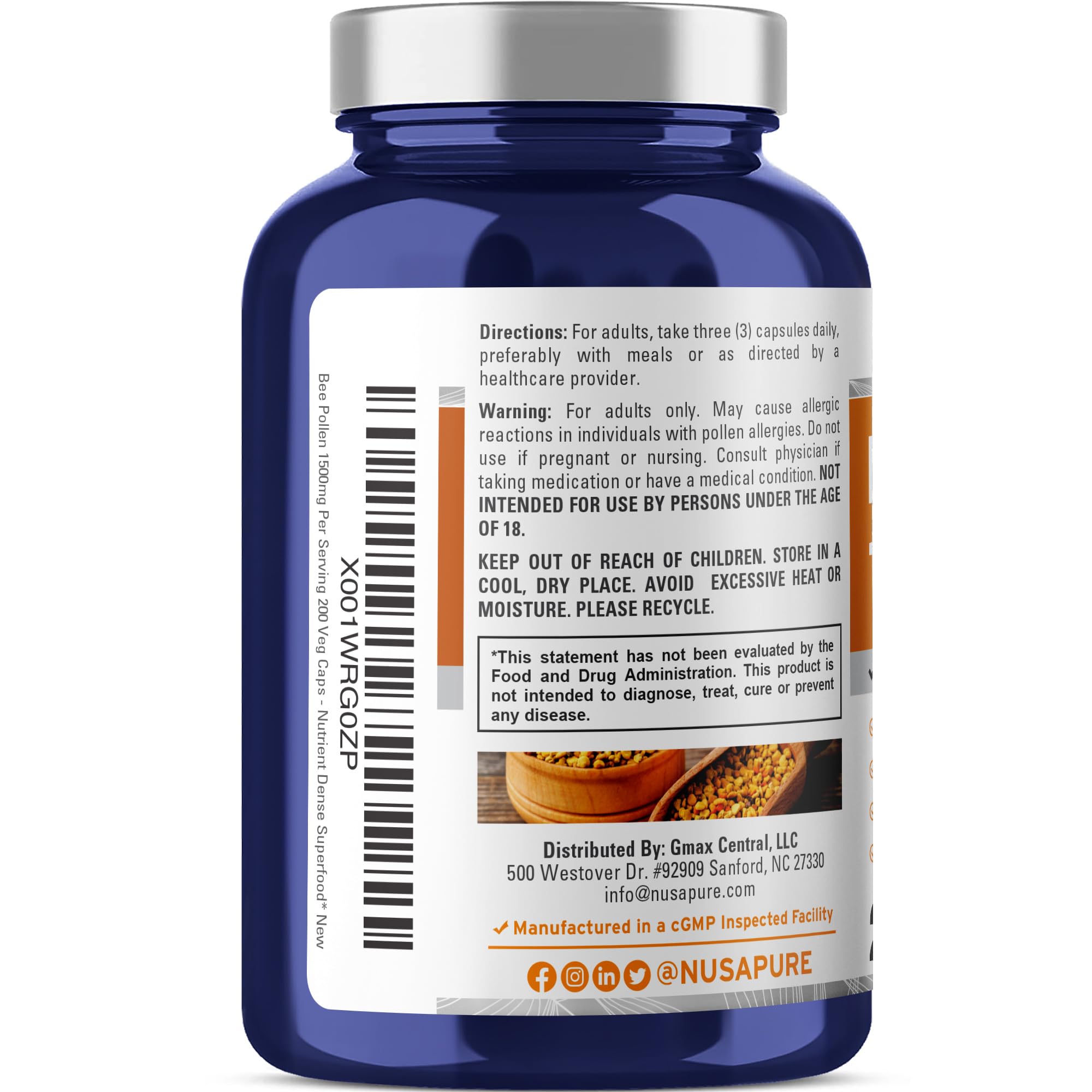 NusaPure Bee Pollen 1500mg 200 Veggie Caps (100% Vegetarian, Non-GMO, Vegan) Naturally Occurring Proteins, Aminoacids NusaPure Au supplements
