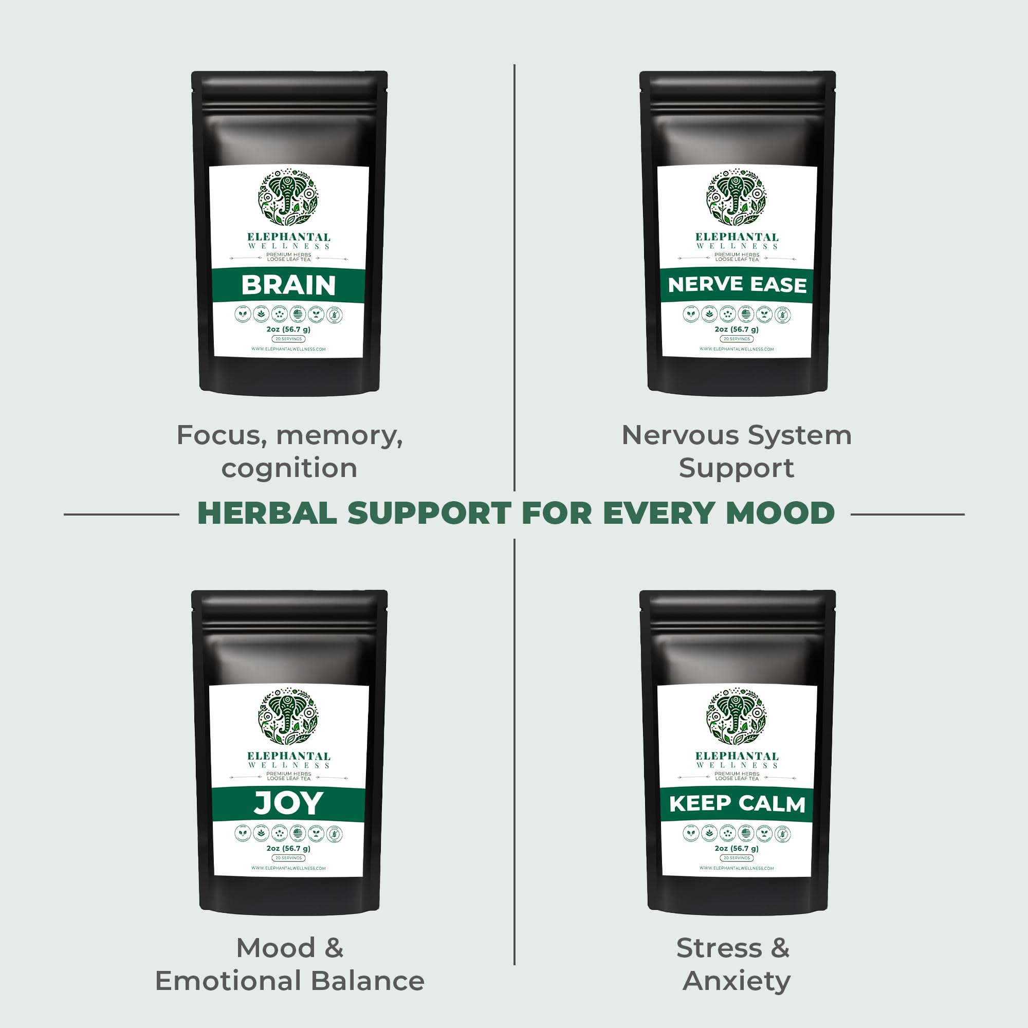 Elephantal Wellness Premium Brain Herbal Tea | Nootropic Focus & Mental Clarity with Ginkgo, Bacopa, Gotu Kola & Rosemary | Non-GMO, Caffeine-Free Coffee Alternative, Handmade Loose Leaf Blend, 2oz Loose Leaf, 20 Servings Elephantal Wellness Au supplements