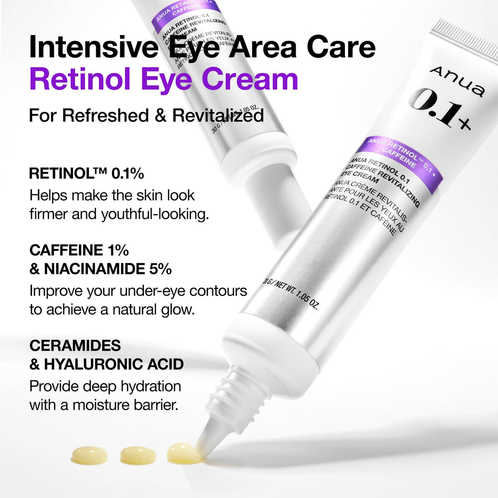 Anua Retinol 0.1 Caffeine Revitalizing Eye Cream, Lightweight Formula for Dark Circles & Puffiness