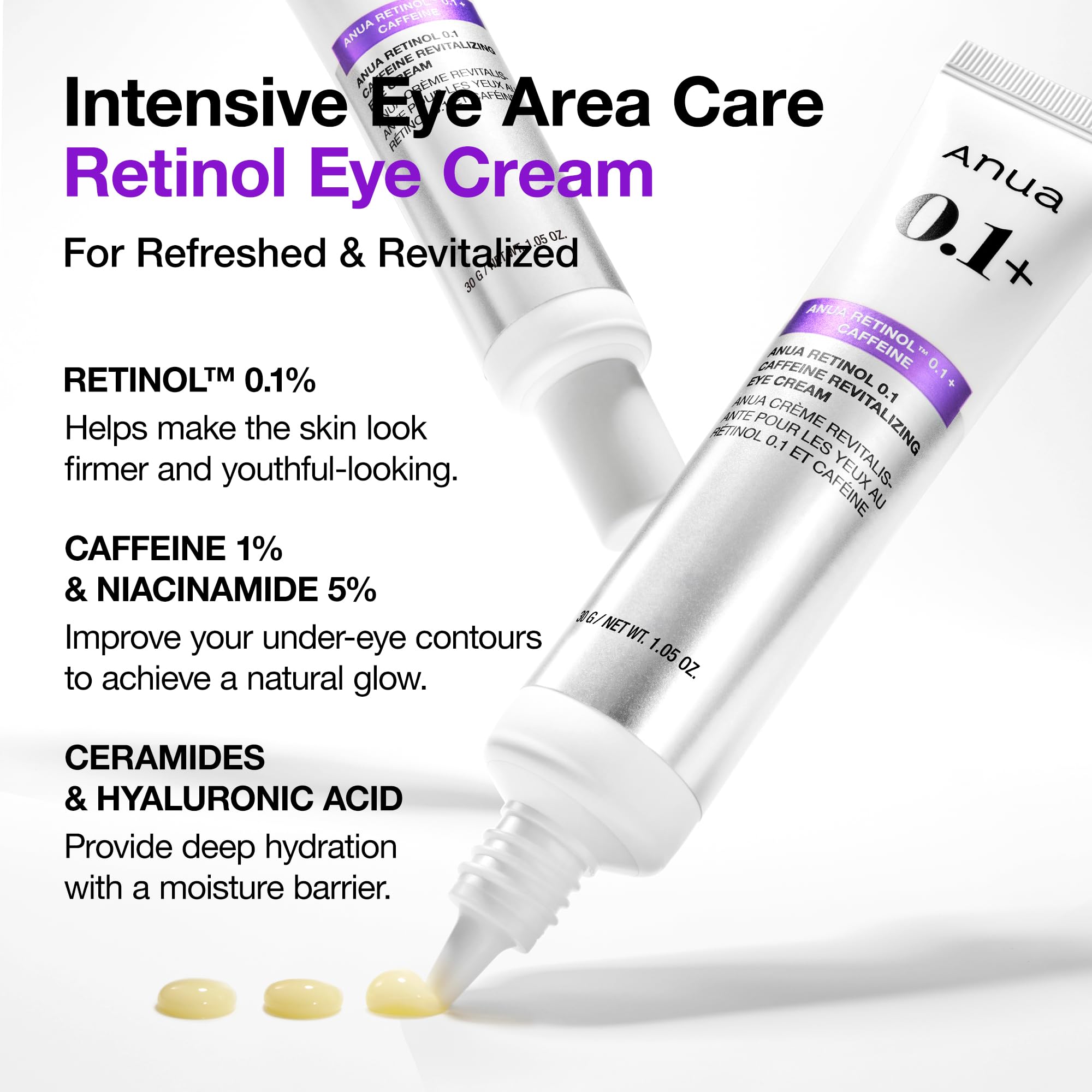 Anua Retinol 0.1 Caffeine Revitalizing Eye Cream, Lightweight Formula for Dark Circles & Puffiness