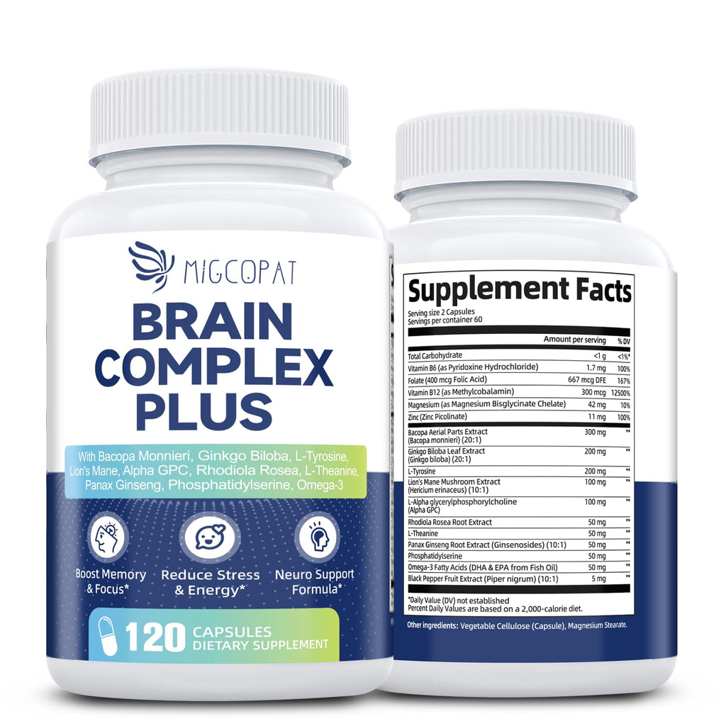 Brain Supplements for Memory and Focus | Nootropic with Bacopa Monnieri, Lion's Mane, Alpha GPC, Ginkgo Biloba | Mental Clarity & Cognitive Support | Vitamin B6 & B12 Neuro Health - Non-GMO, 120 Caps Migcopat Au supplements
