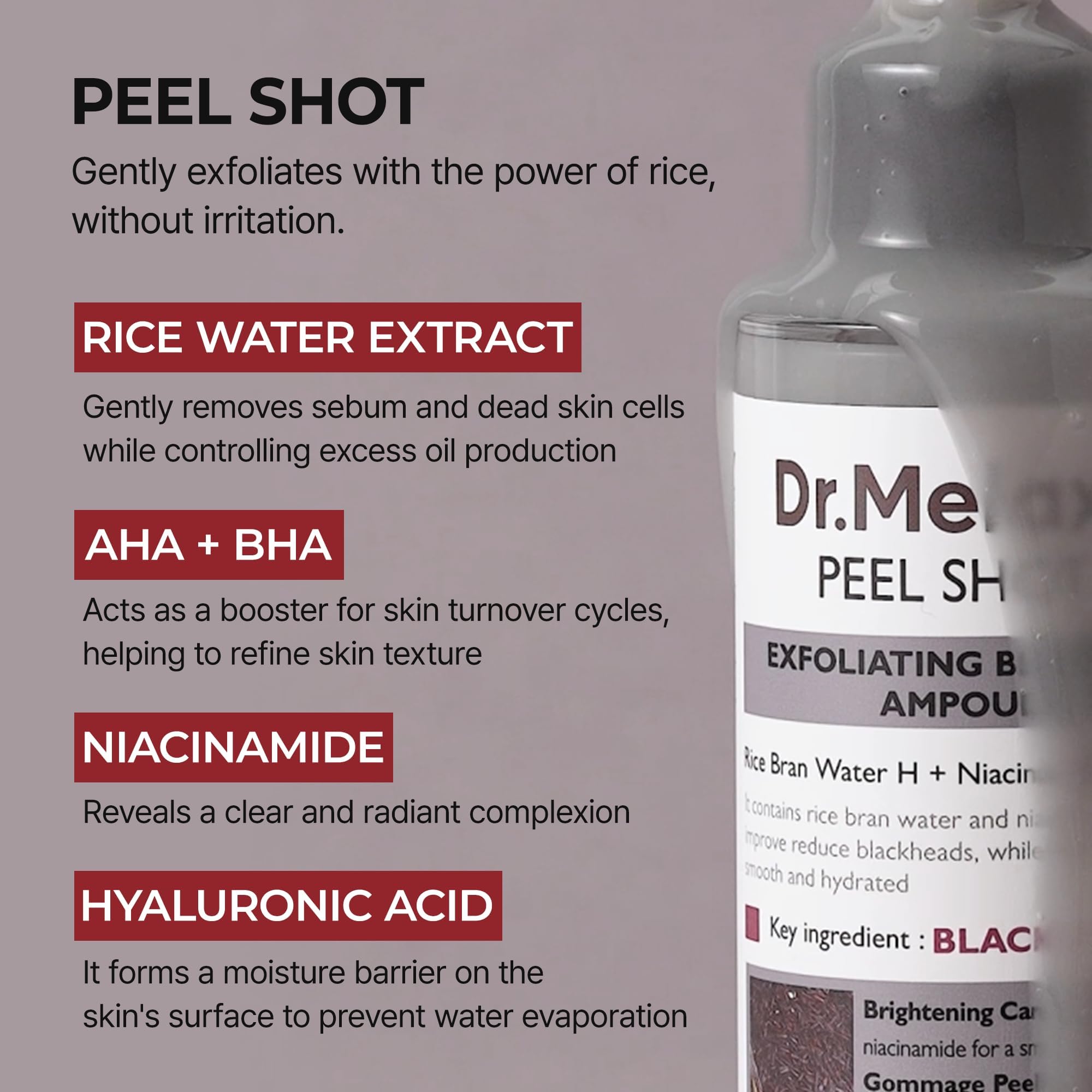 Dr.Melaxin Peel Shot Glow Black Rice Peeling Ampoule 80ml, Dead Skin Remover Gentle Exfoliating with Rice Water Extract