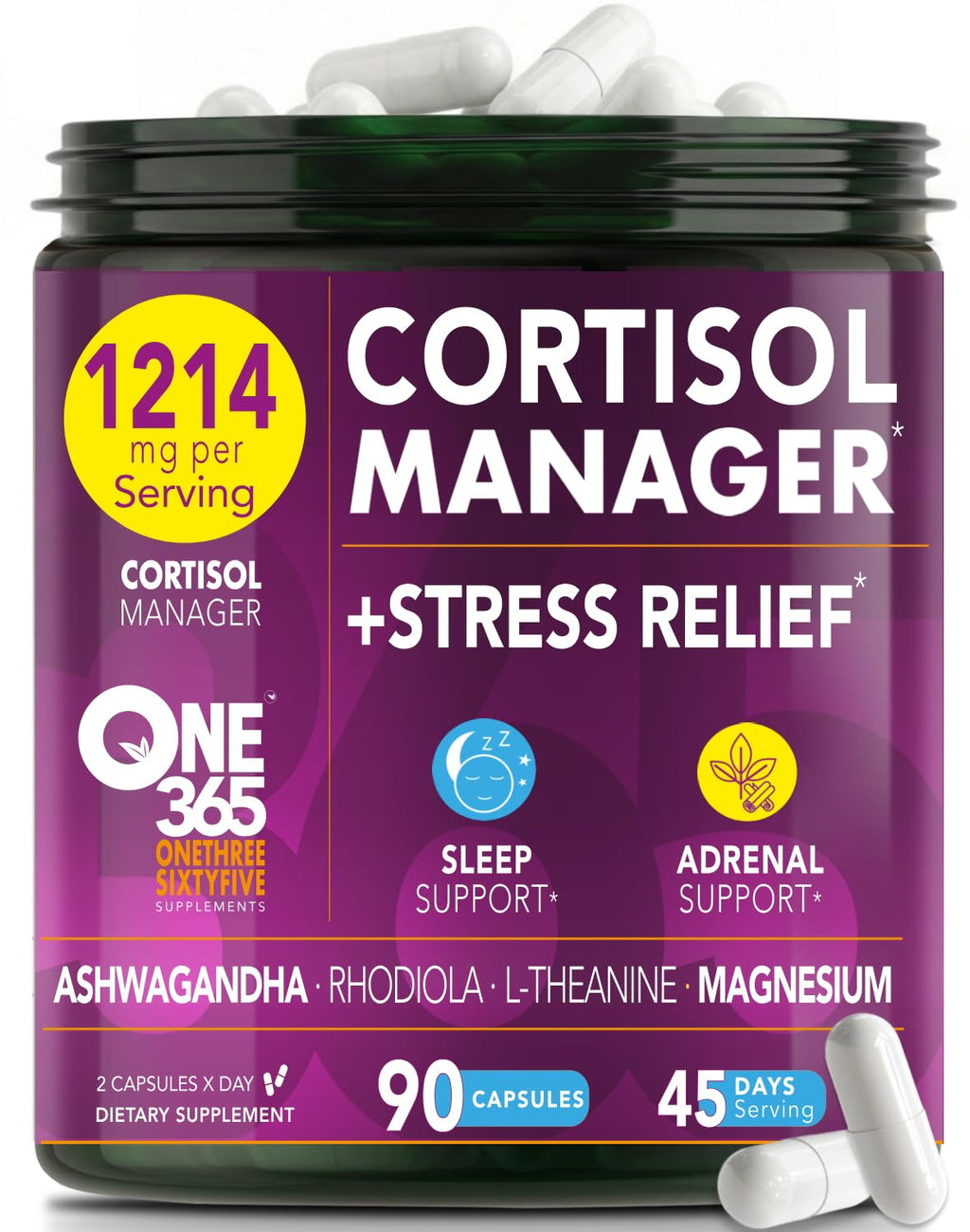 Cortisol Manager – Adrenal Support Supplement for Women & Men – Natural Stress Relief, Calm & Sleep Support – Cortisol Reducer with Ashwagandha, Magnesium, L-Theanine & Rhodiola – 90 Vegan Capsules ONE 365 Au supplements