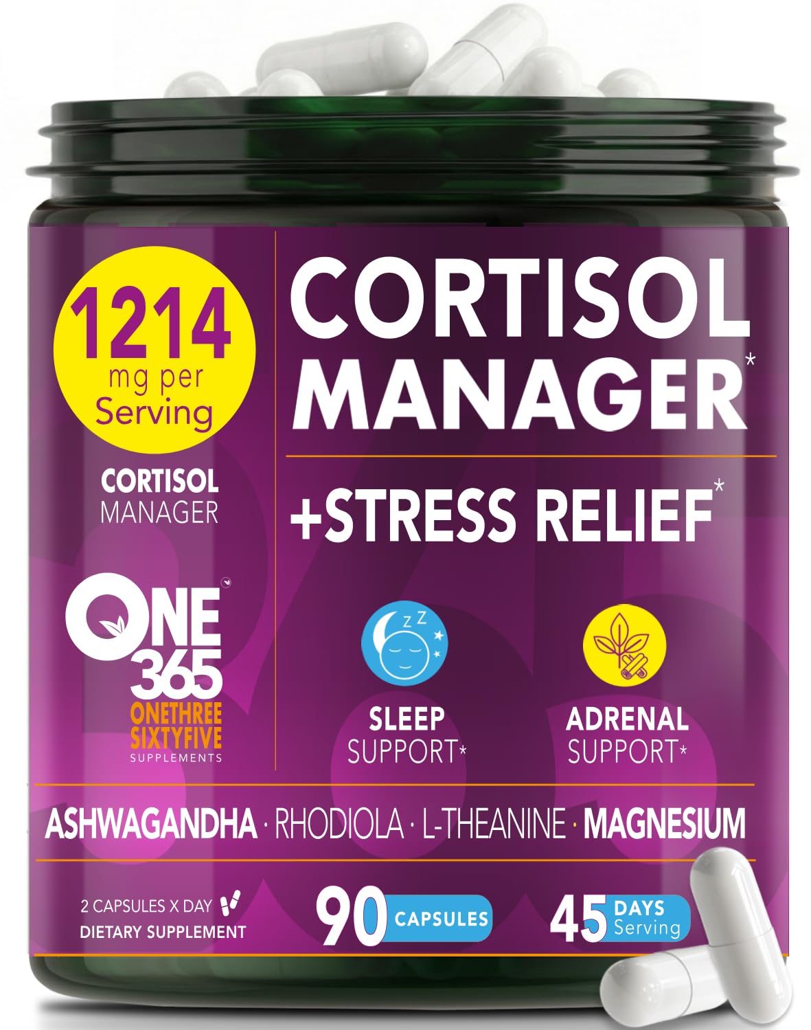 Cortisol Manager – Adrenal Support Supplement for Women & Men – Natural Stress Relief, Calm & Sleep Support – Cortisol Reducer with Ashwagandha, Magnesium, L-Theanine & Rhodiola – 90 Vegan Capsules ONE 365 Au supplements