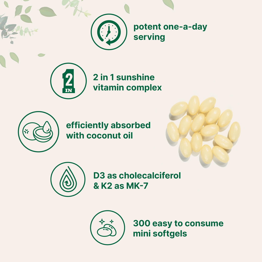 Micro Ingredients Vitamin D3 5,000 IU + K2 MK-7 100 mcg, 300 Softgels | Virgin Coconut Oil | 2-in-1 Support