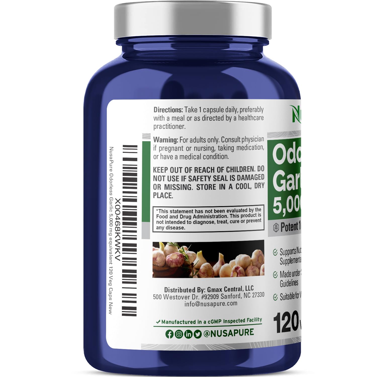 NusaPure Odorless Garlic 100:1 Extract, 50 mg Equivalent to 5000mg Capsule | 120 Veggie Caps | High Potency | Herbal Supplement | Non-GMO | Vegan NusaPure Au supplements